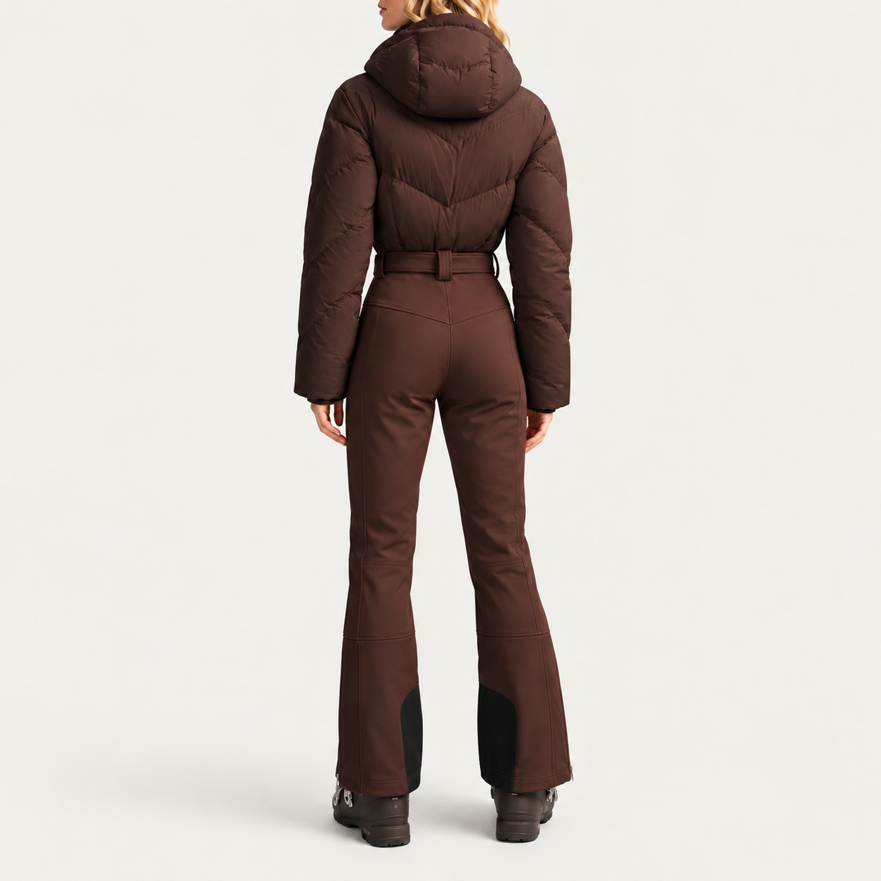 Cordova women's Ajax Ski Suit in Chocolate – model back view – London Ski Co