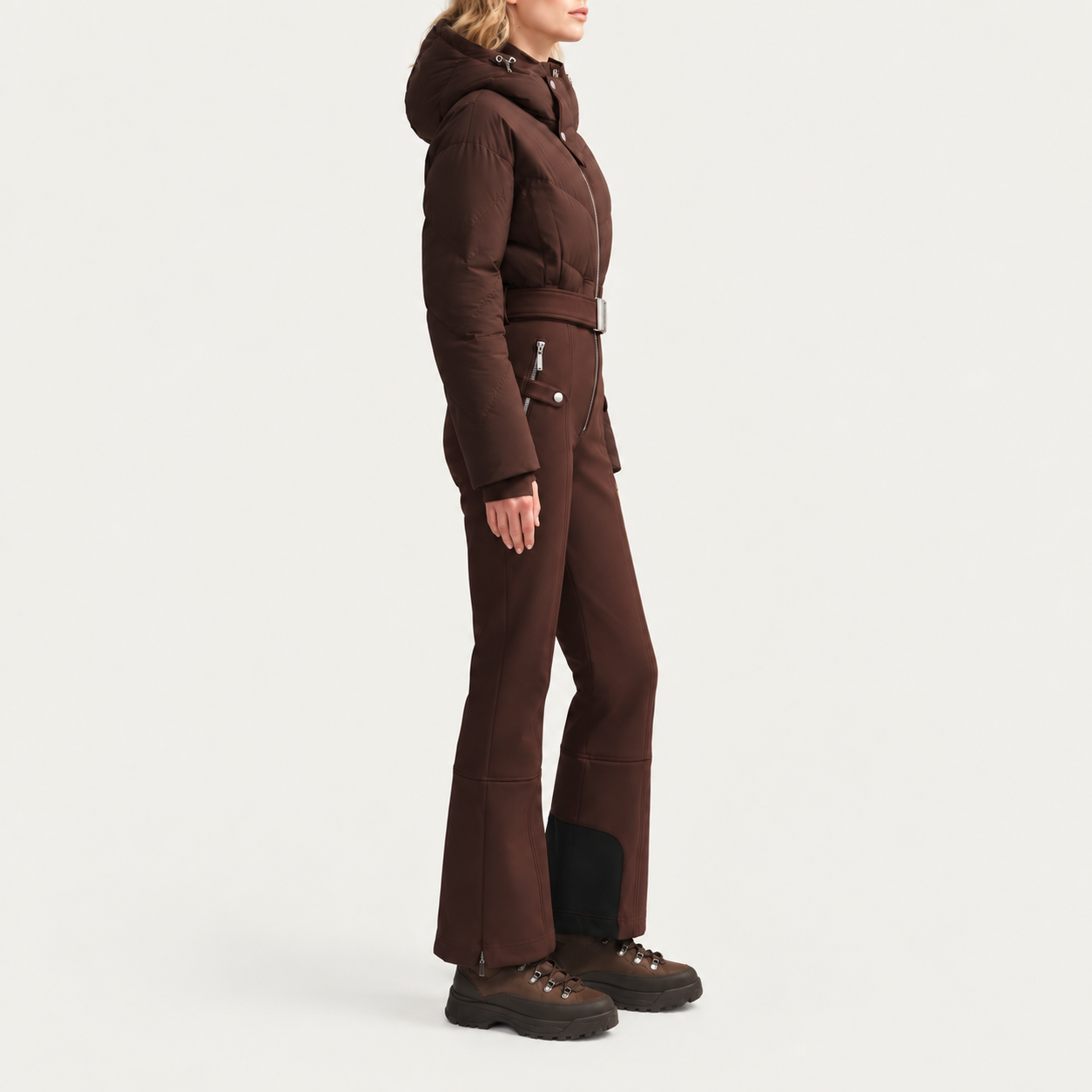 Cordova women's Ajax Ski Suit in Chocolate – model side view – London Ski Co