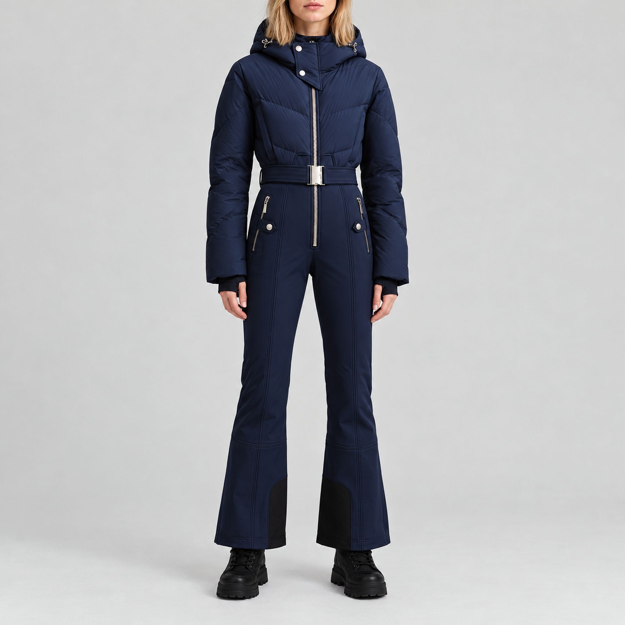 Cordova women's Ajax Ski Suit in Indigo – model front view – London Ski Co
