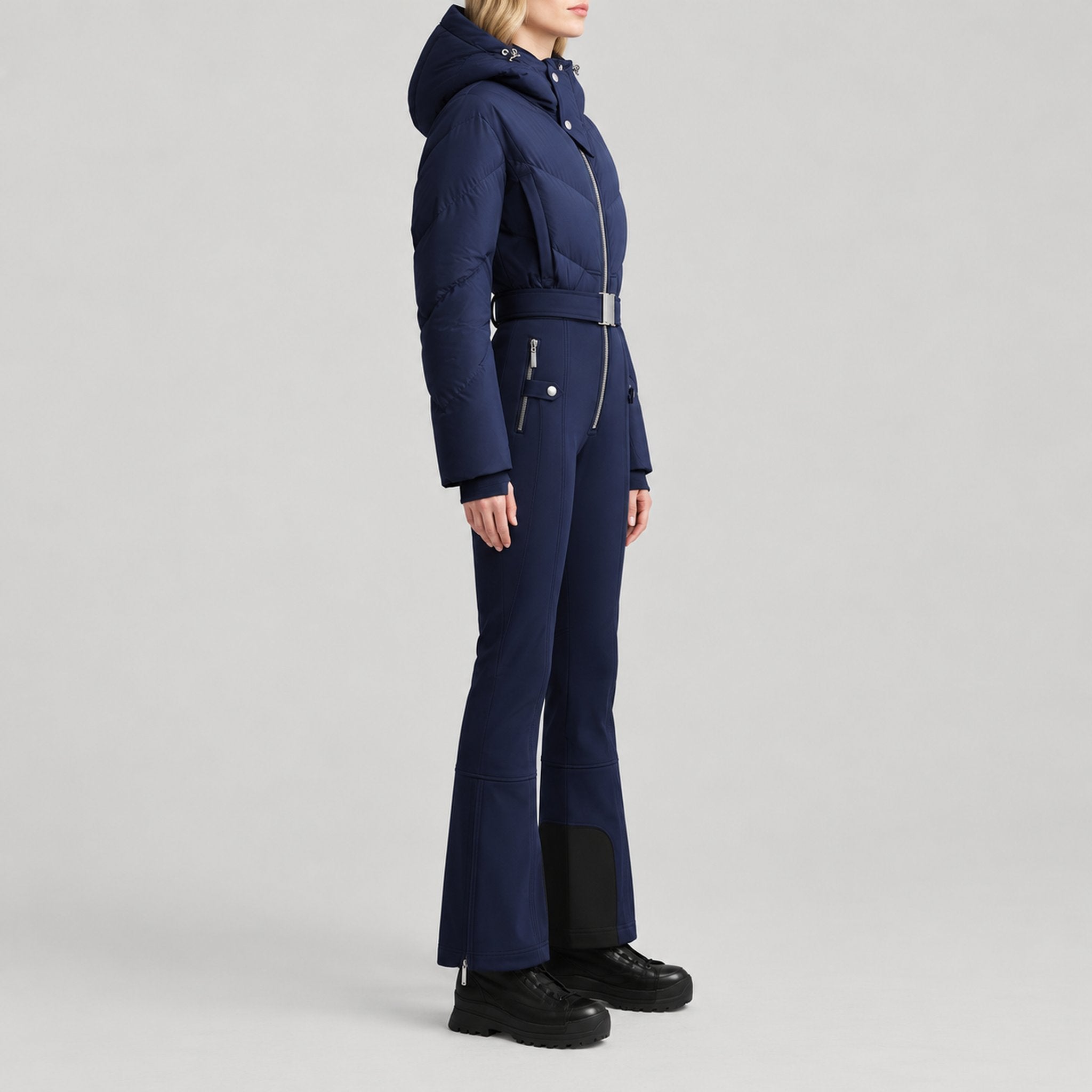 Cordova women's Ajax Ski Suit in Indigo – model side view – London Ski Co