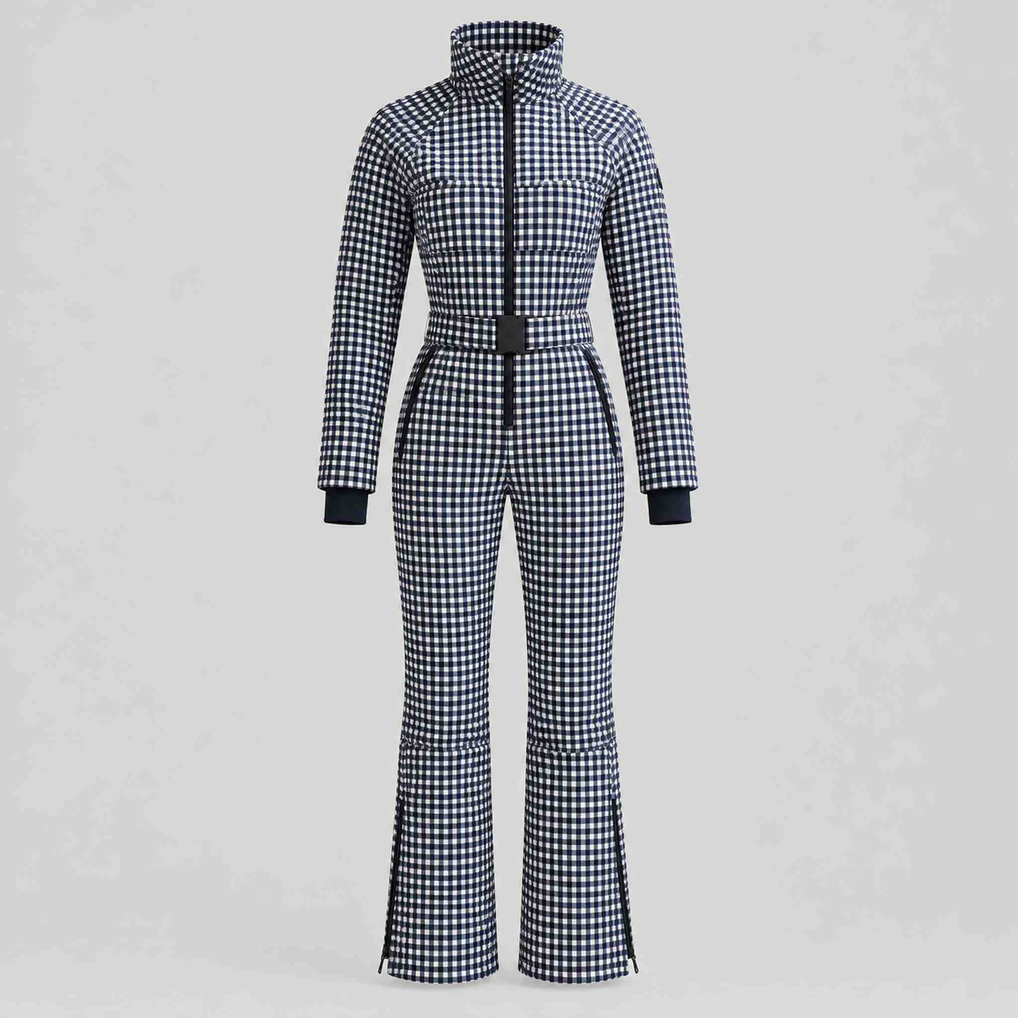 Cordova women's Chatel Ski Suit in Indigo Gingham – product front view – London Ski Co
