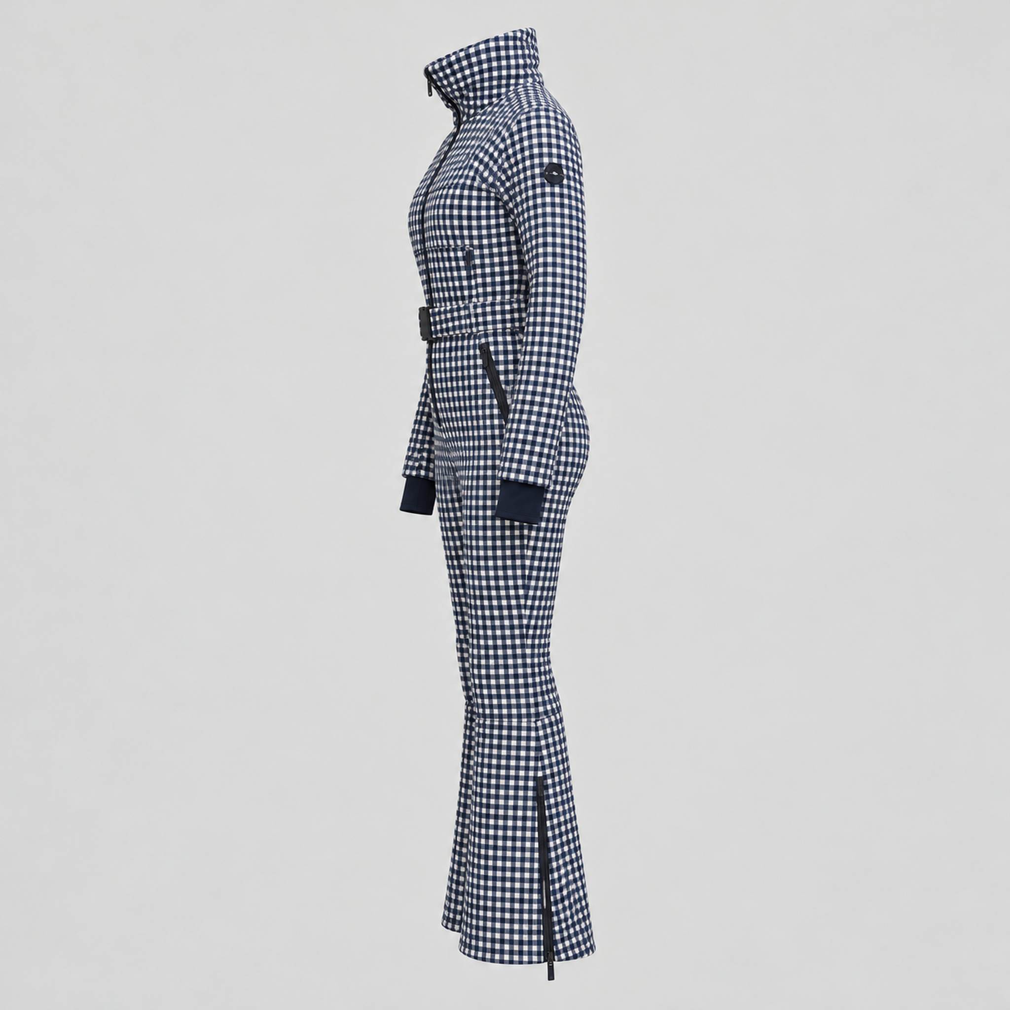 Cordova women's Chatel Ski Suit in Indigo Gingham – product side view – London Ski Co