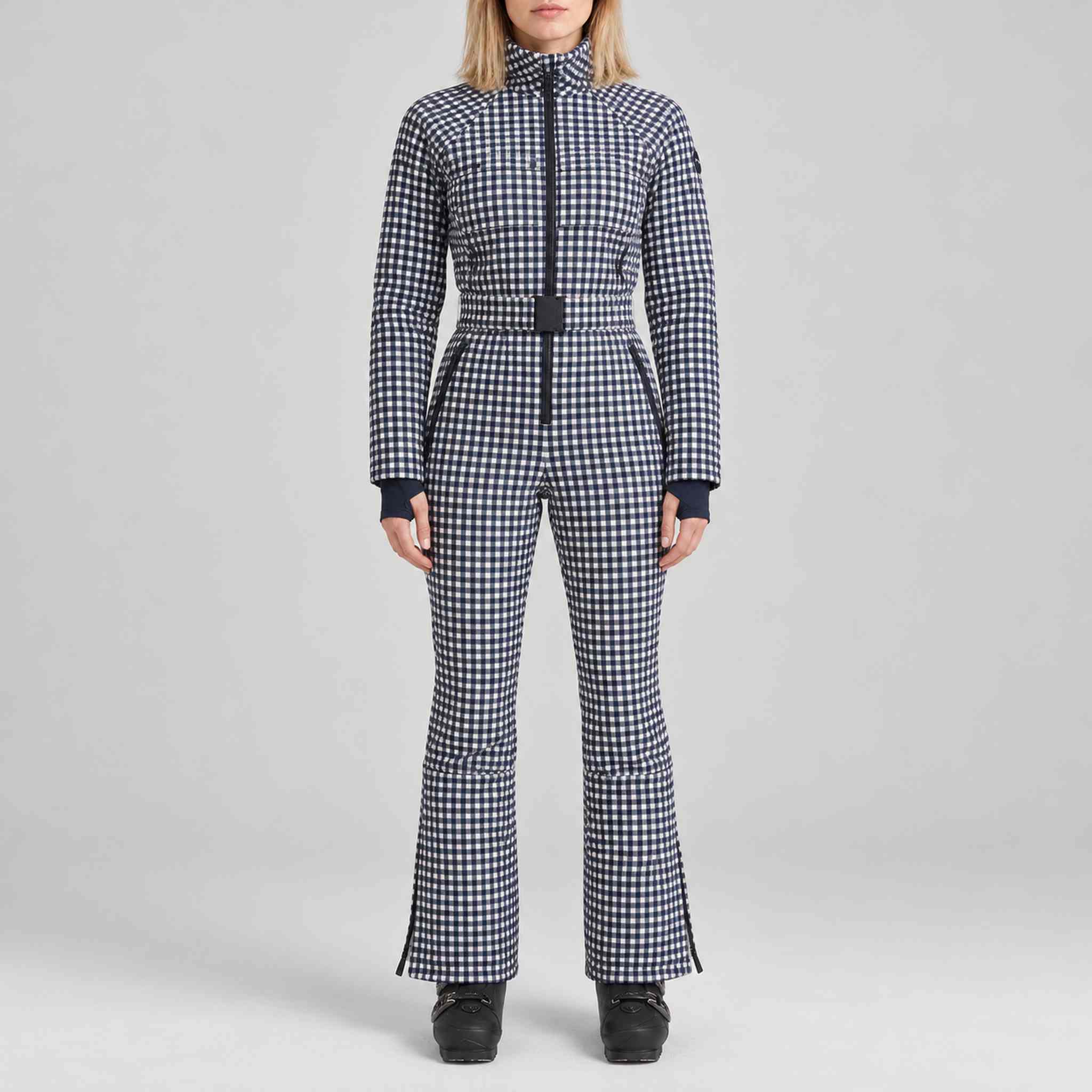 Cordova women's Chatel Ski Suit in Indigo Gingham – model front view – London Ski Co
