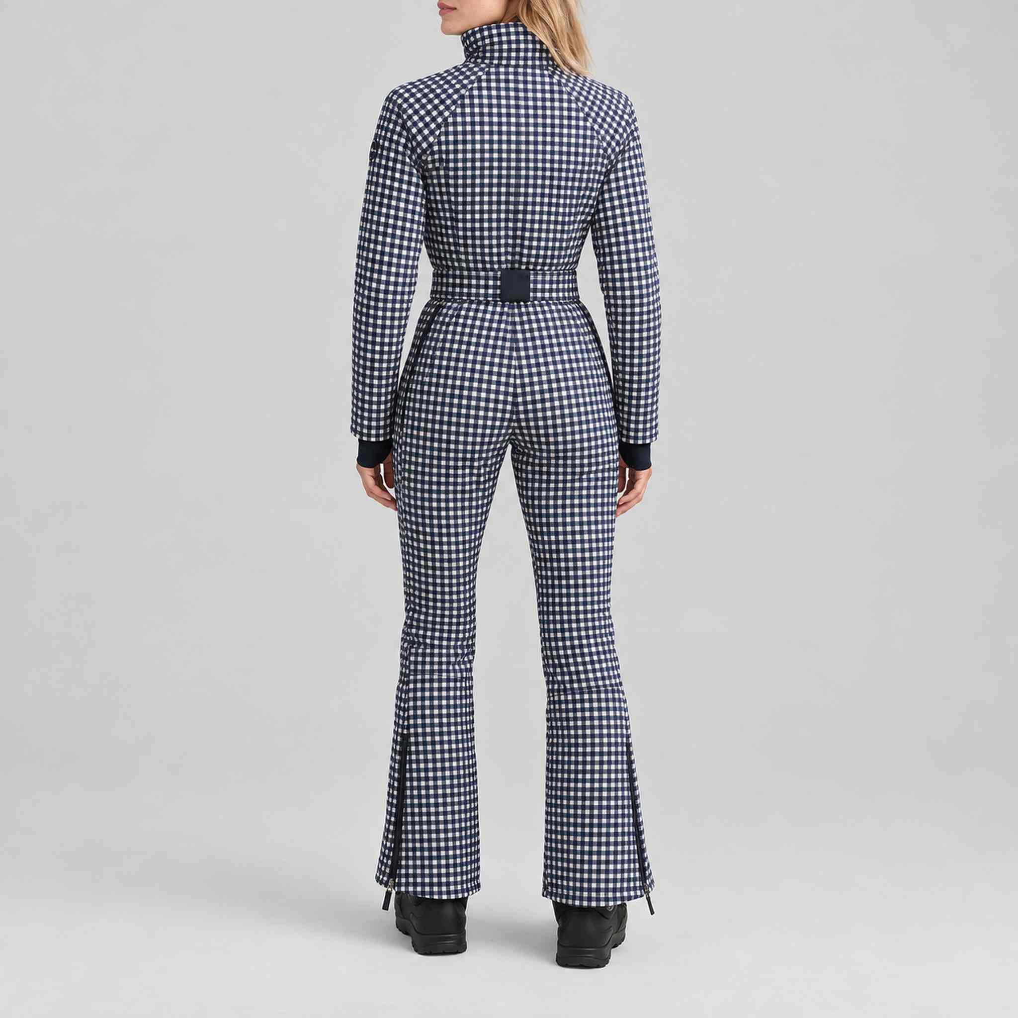 Cordova women's Chatel Ski Suit in Indigo Gingham – model back view – London Ski Co
