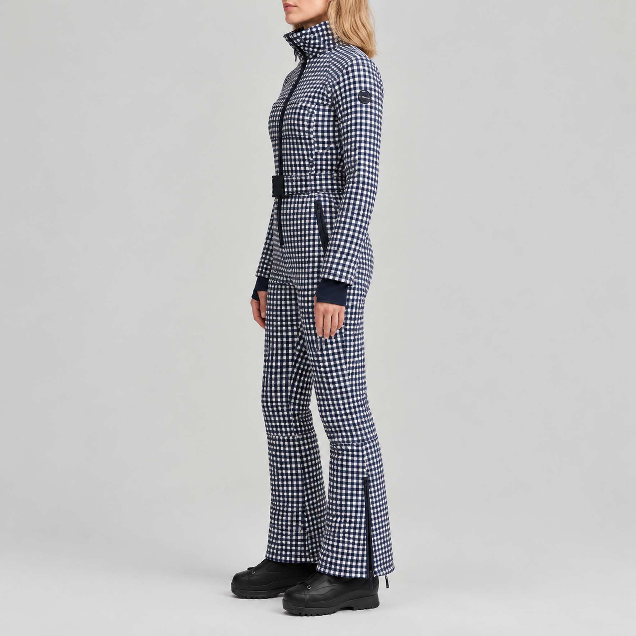 Cordova women's Chatel Ski Suit in Indigo Gingham – model side view – London Ski Co