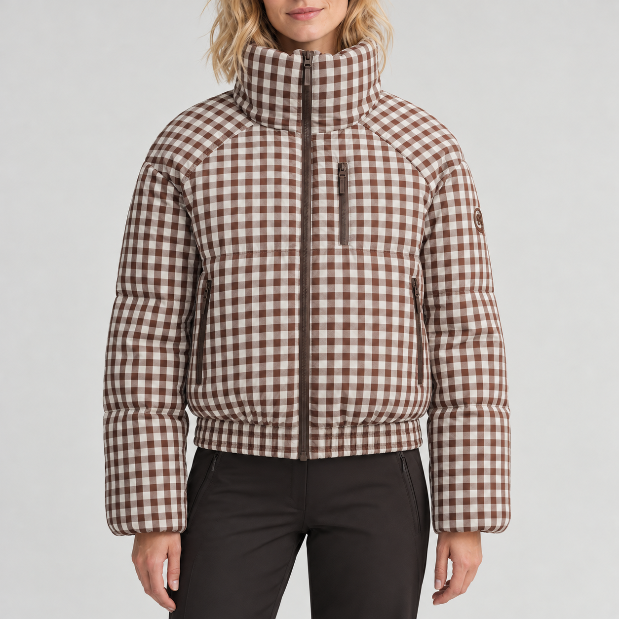 Cordova women's Cortina Ski Jacket in Chocolate Gingham – model front view – London Ski Co