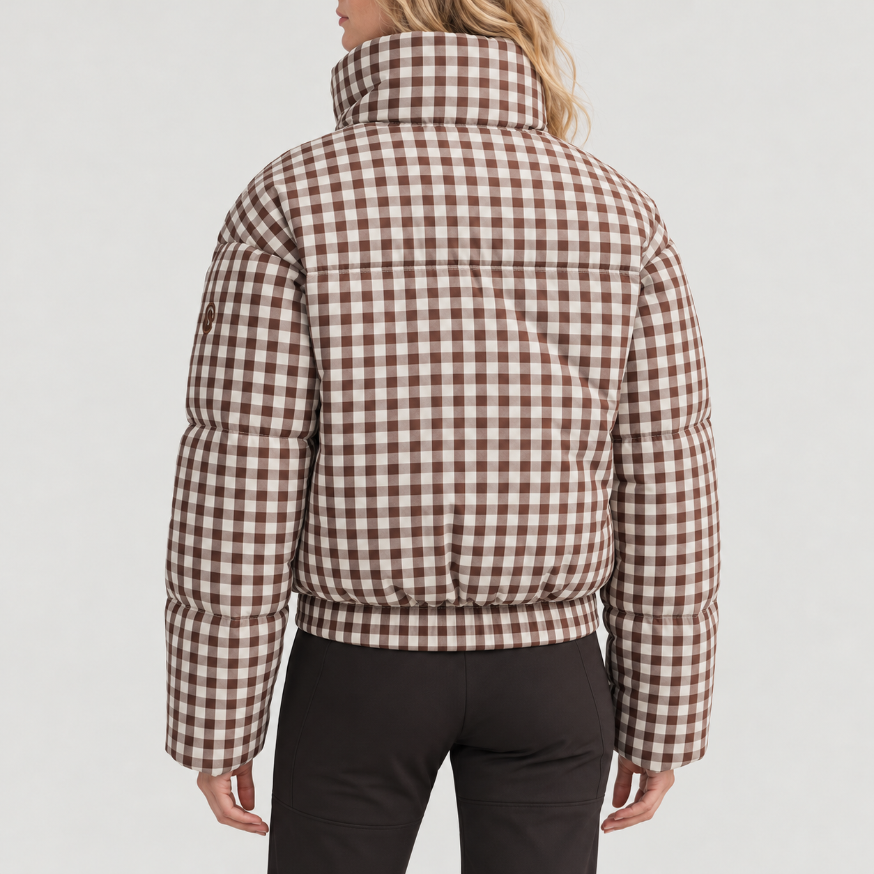 Cordova women's Cortina Ski Jacket in Chocolate Gingham – model back view – London Ski Co