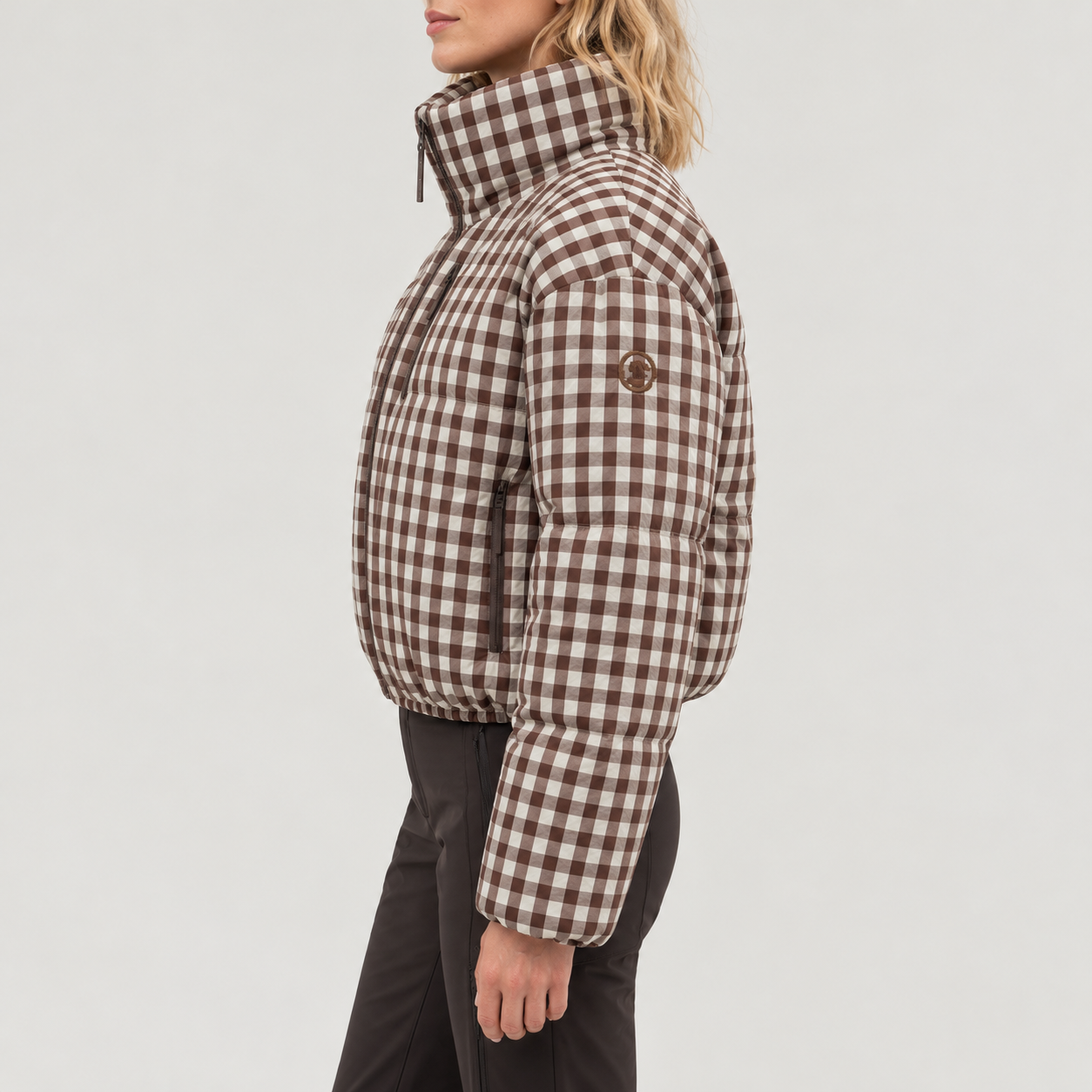 Cordova women's Cortina Ski Jacket in Chocolate Gingham – model side view – London Ski Co