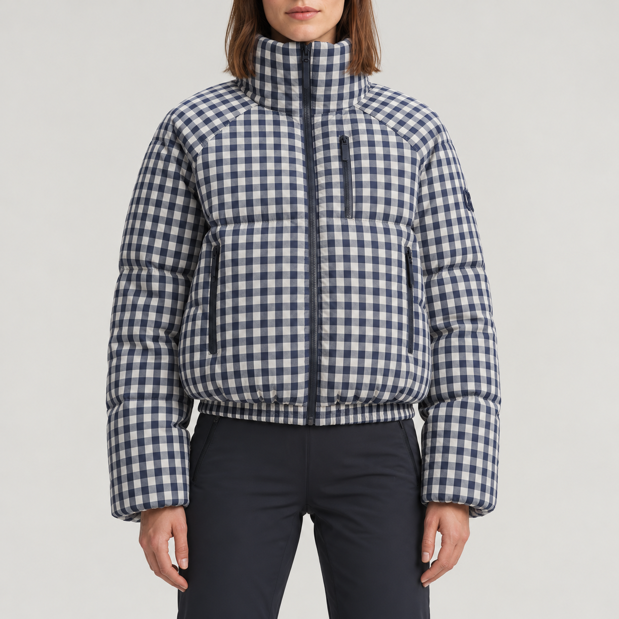 Cordova women's Cortina Ski Jacket in Indigo Gingham – model front view – London Ski Co