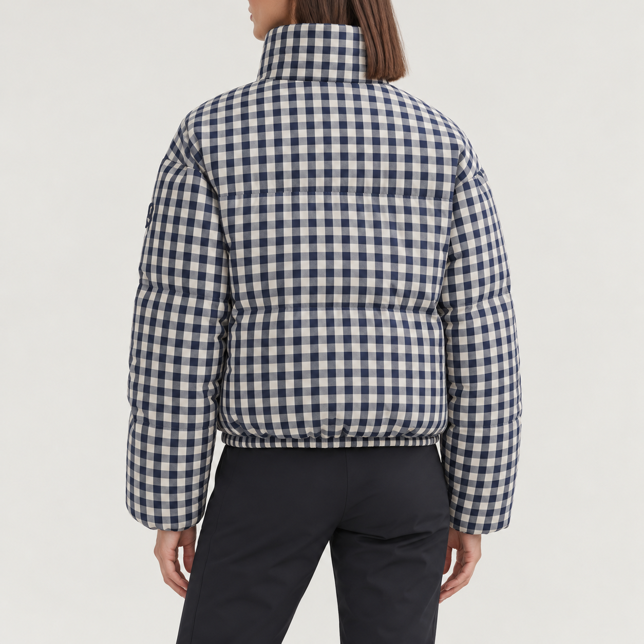 Cordova women's Cortina Ski Jacket in Indigo Gingham – model back view – London Ski Co