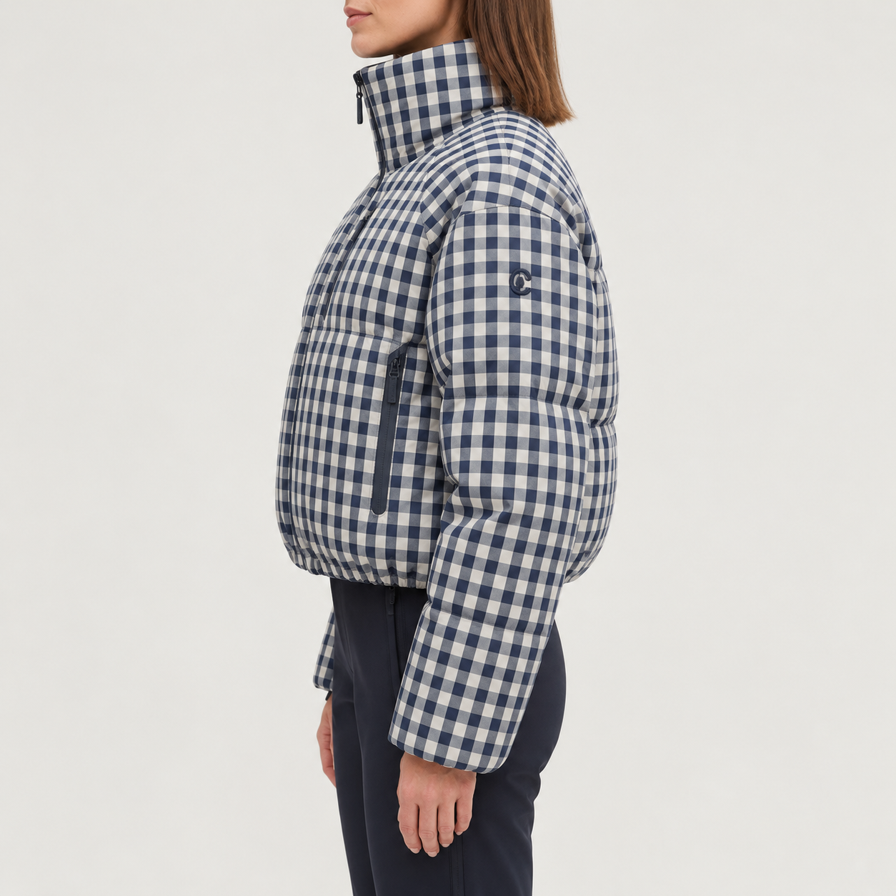 Cordova women's Cortina Ski Jacket in Indigo Gingham – model side view – London Ski Co