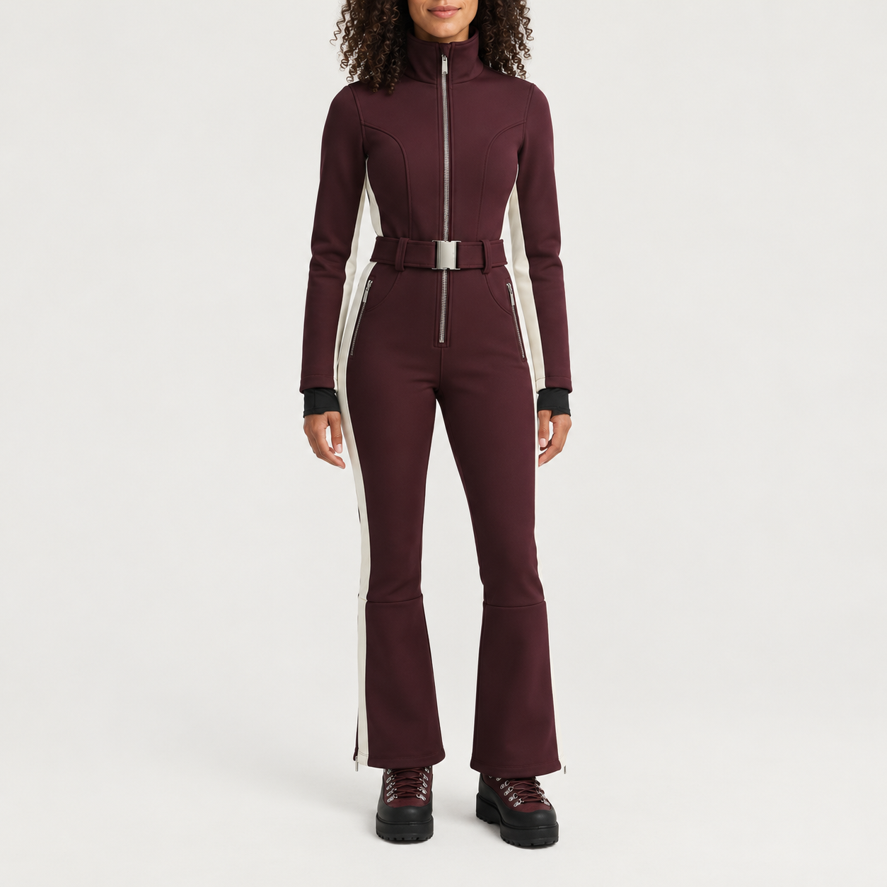 Cordova women's OTB Ski Suit in Bordeaux – model front view – London Ski Co