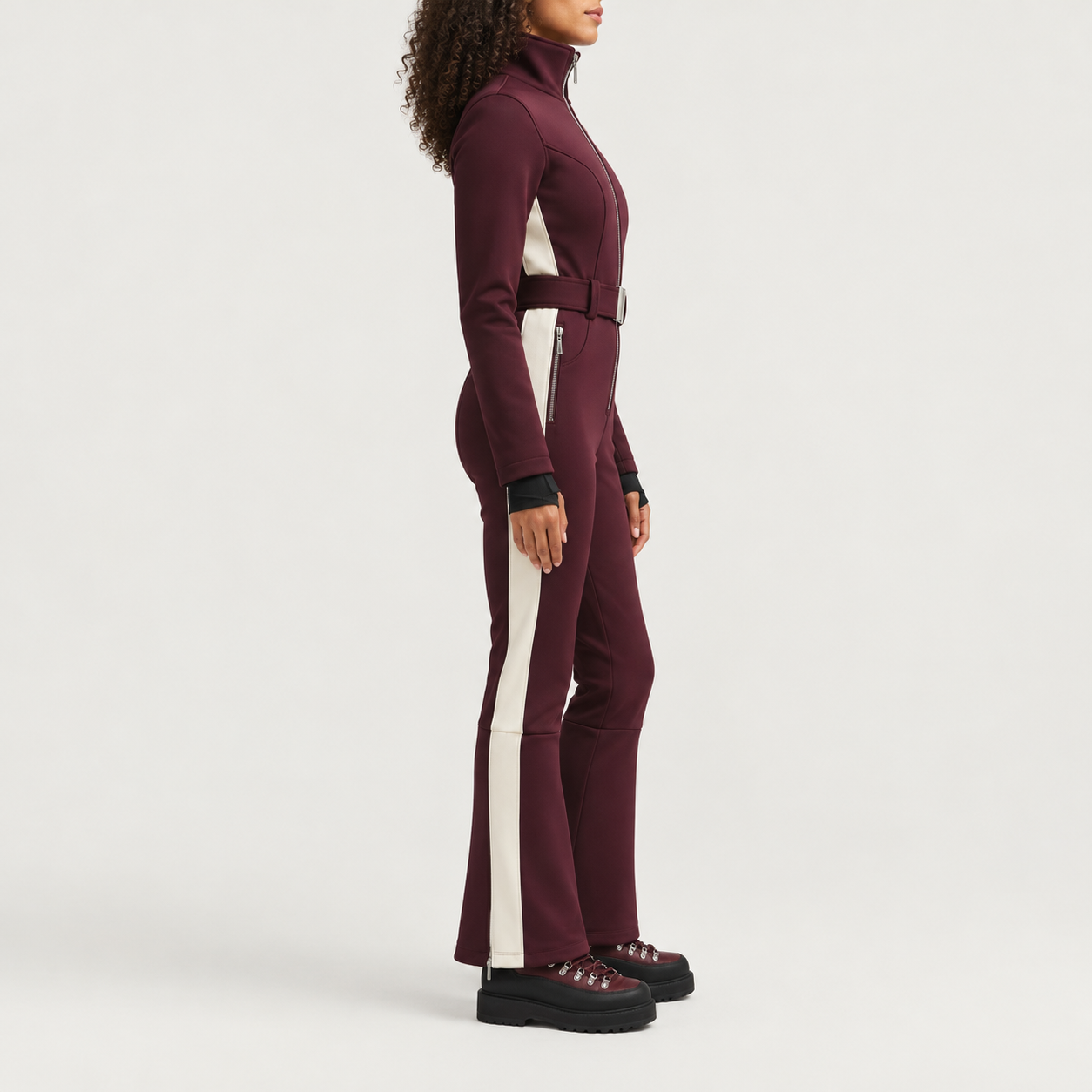 Cordova women's OTB Ski Suit in Bordeaux – model side view – London Ski Co