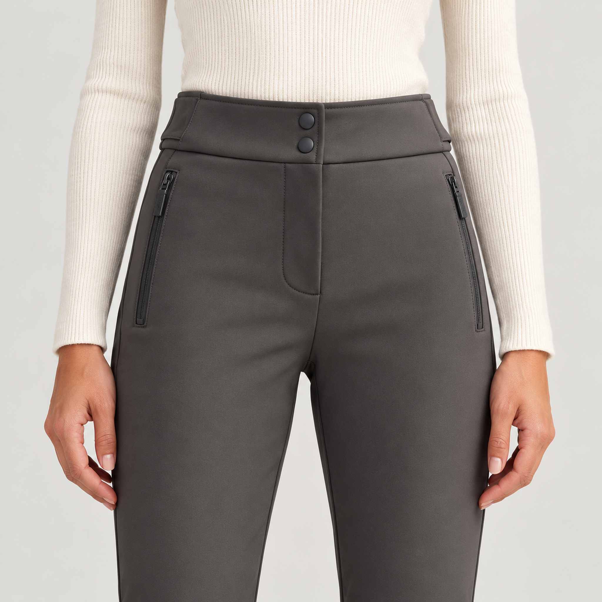 St Moritz Ski Pants in Anthracite — waist zip detail