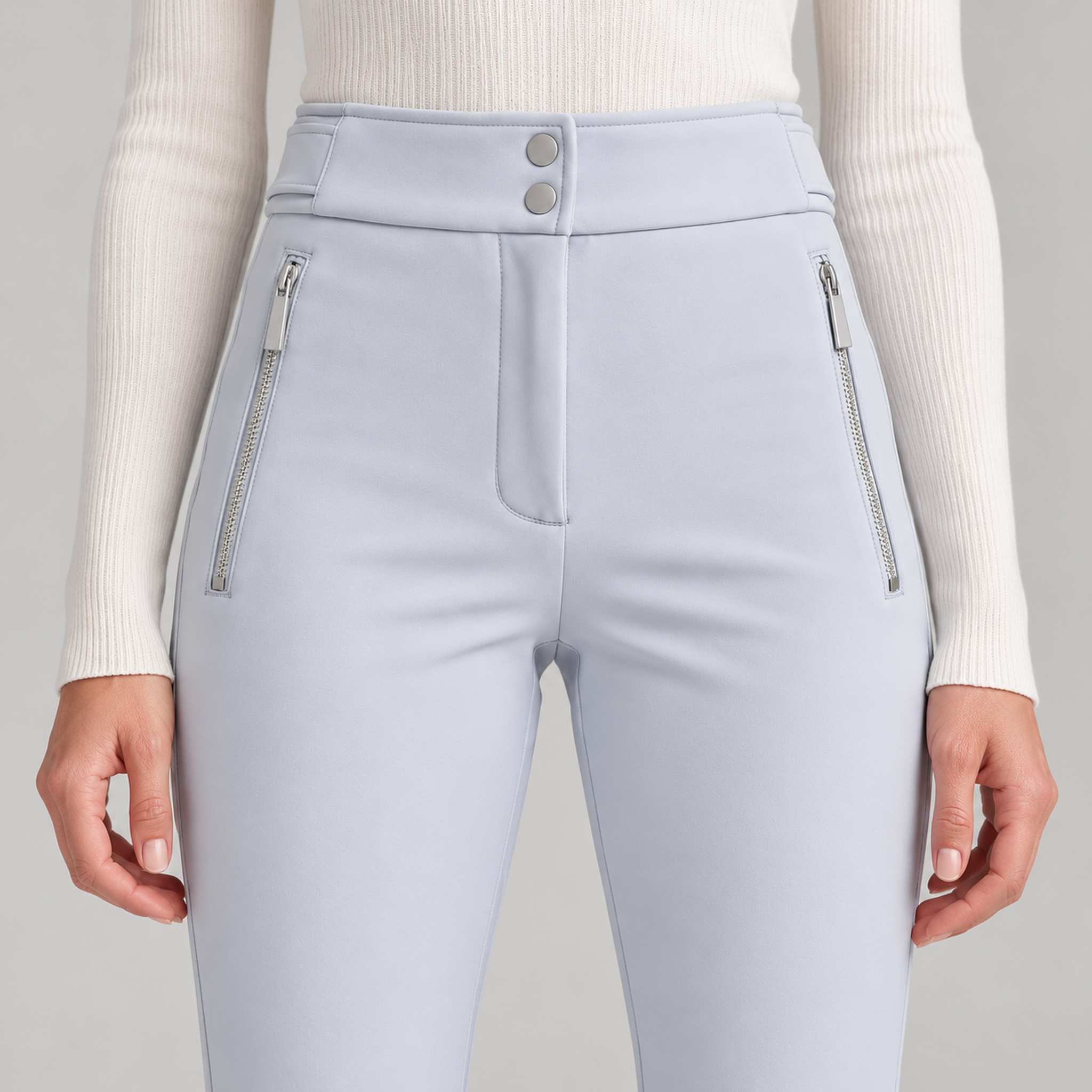 St Moritz Ski Pants in Glacier — waist zip detail
