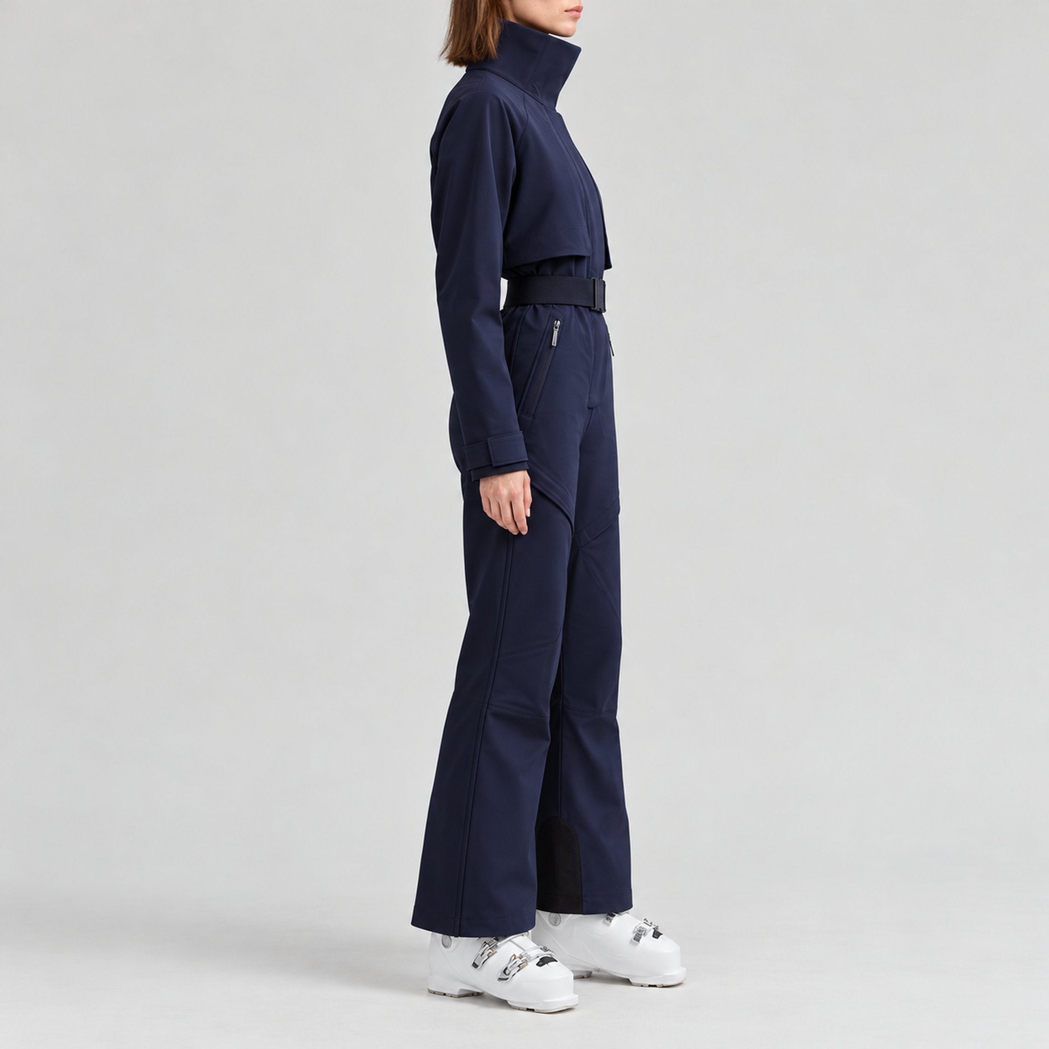 Cordova women's Volta Ski Suit in Indigo – model side view – London Ski Co