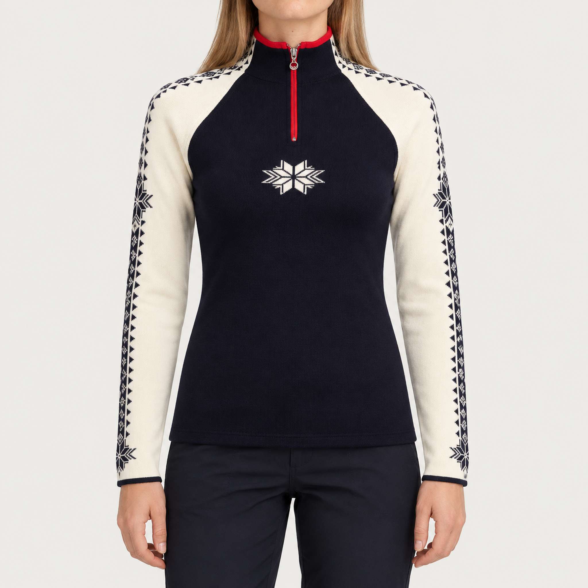 Dale of Norway Geilo Sweater in Navy/Off White - model front