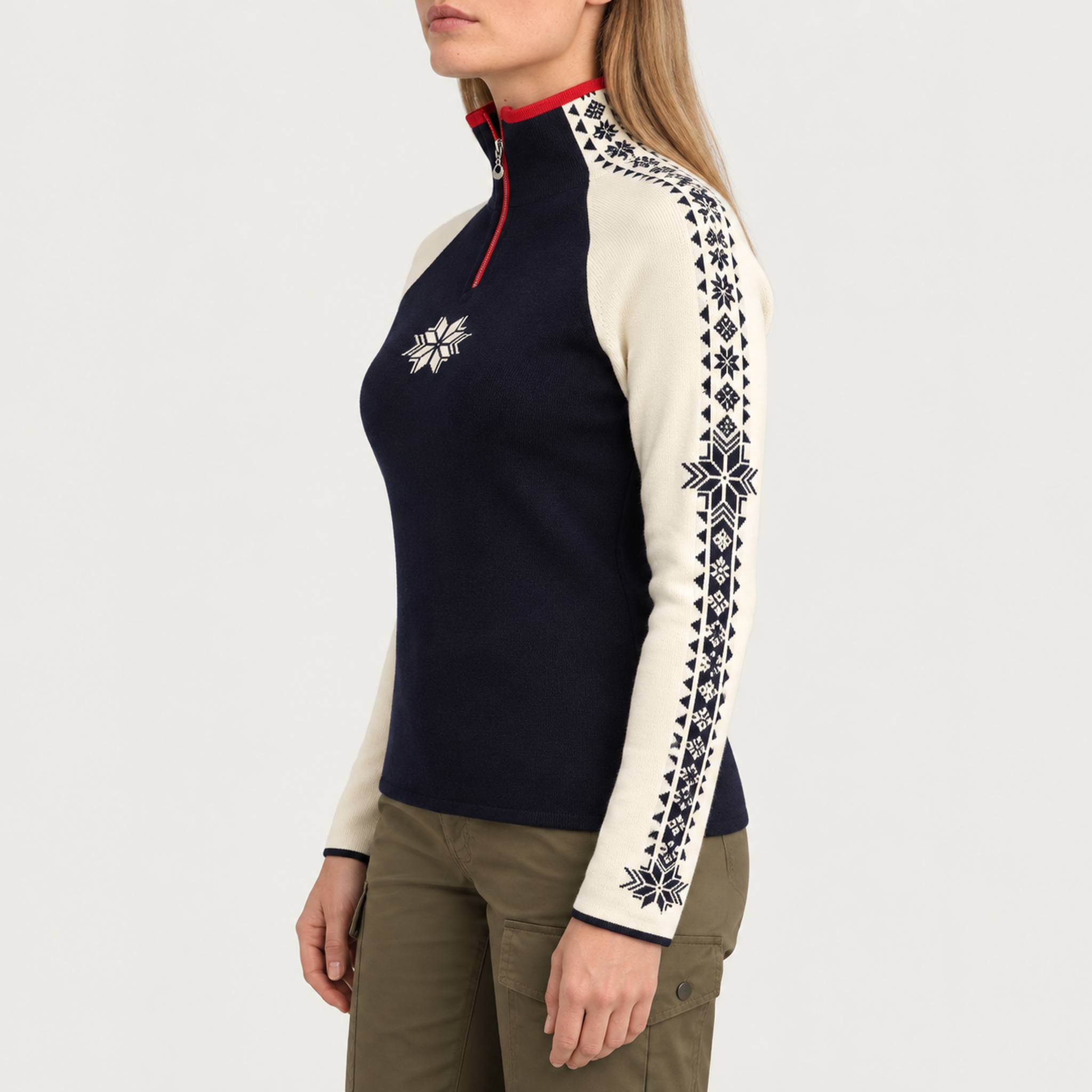 Dale of Norway Geilo Sweater in Navy/Off White - model side