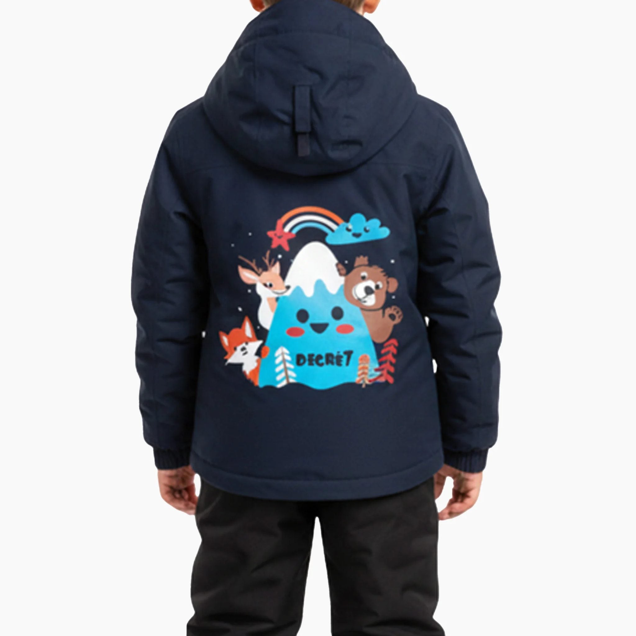 Degré 7 kids’ Firay ski jacket in Bachelor Button, back showing the mountain graphic.