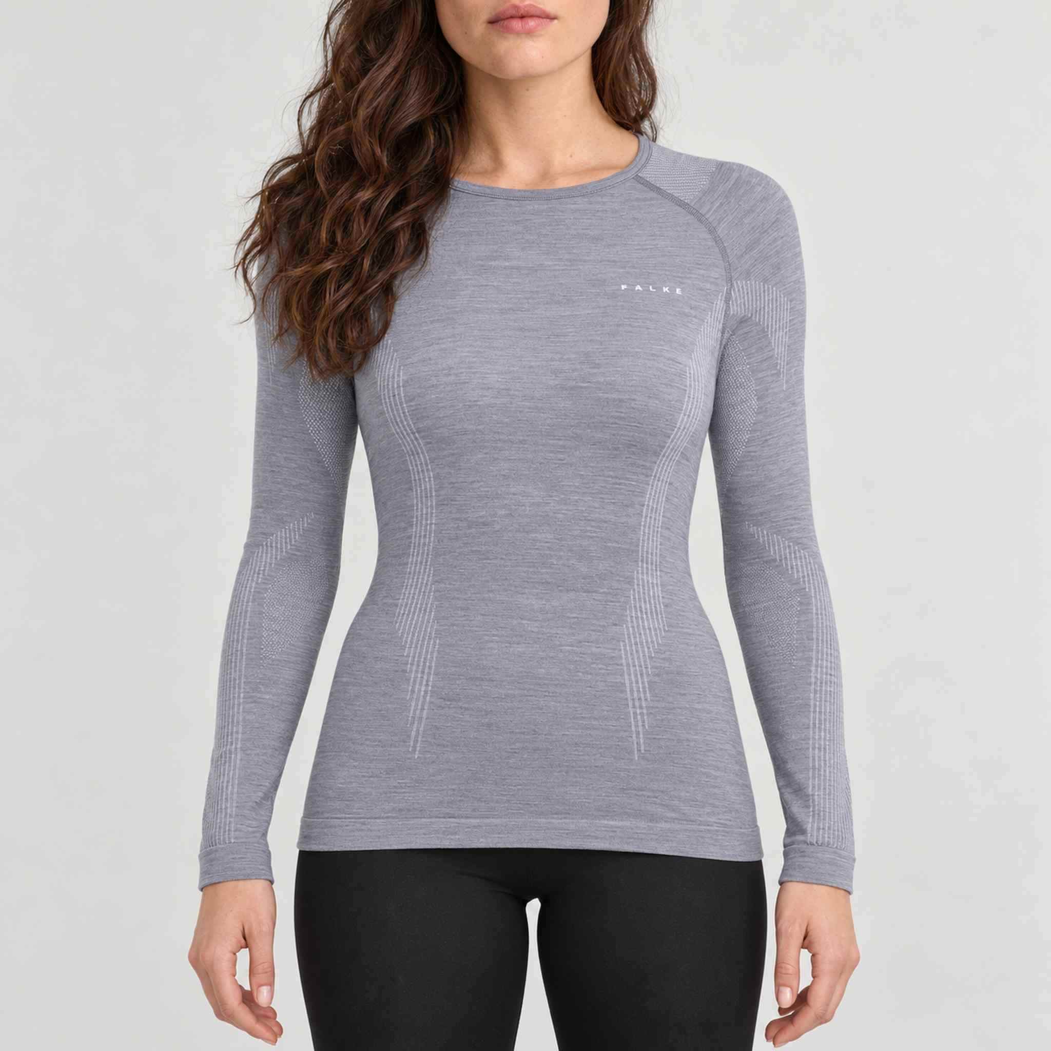 FALKE women's Wool Tech baselayer top in grey – model front view