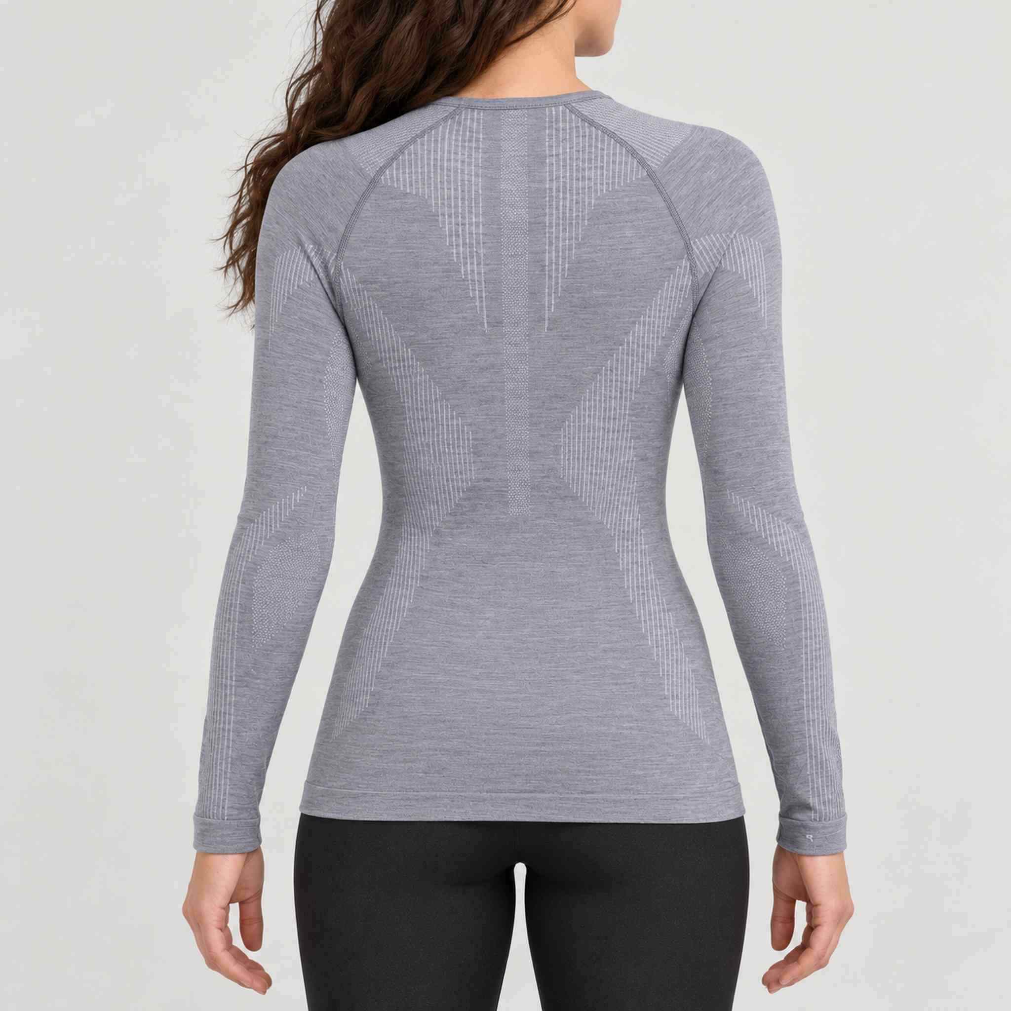 FALKE women's Wool Tech baselayer top in grey – model back view