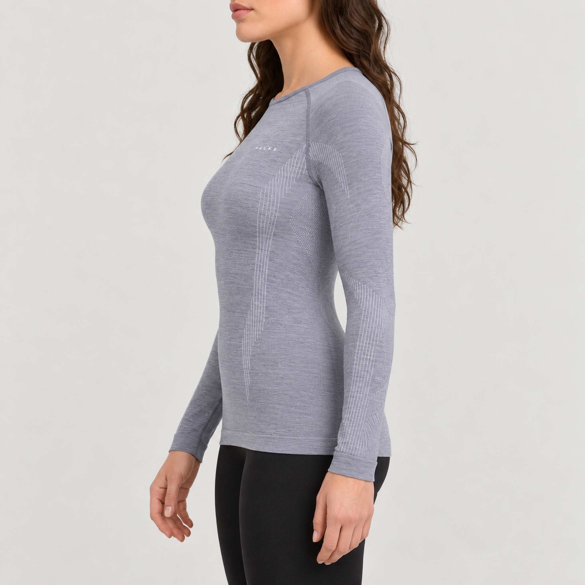 FALKE women's Wool Tech baselayer top in grey – model side view