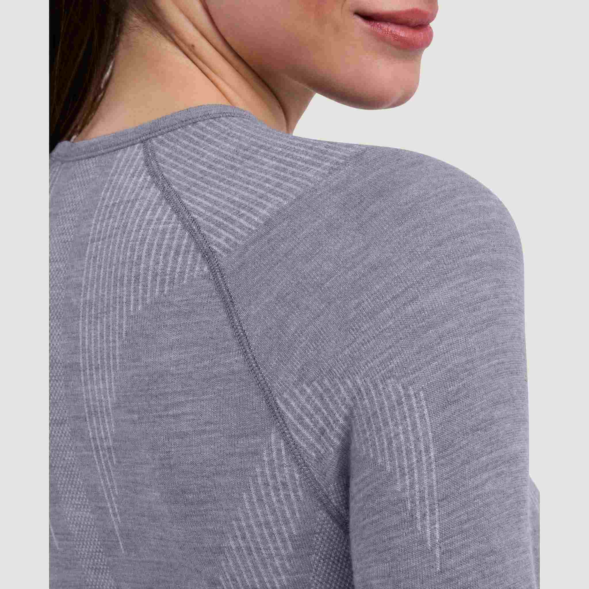 FALKE women's Wool Tech baselayer top in grey – construction detail view