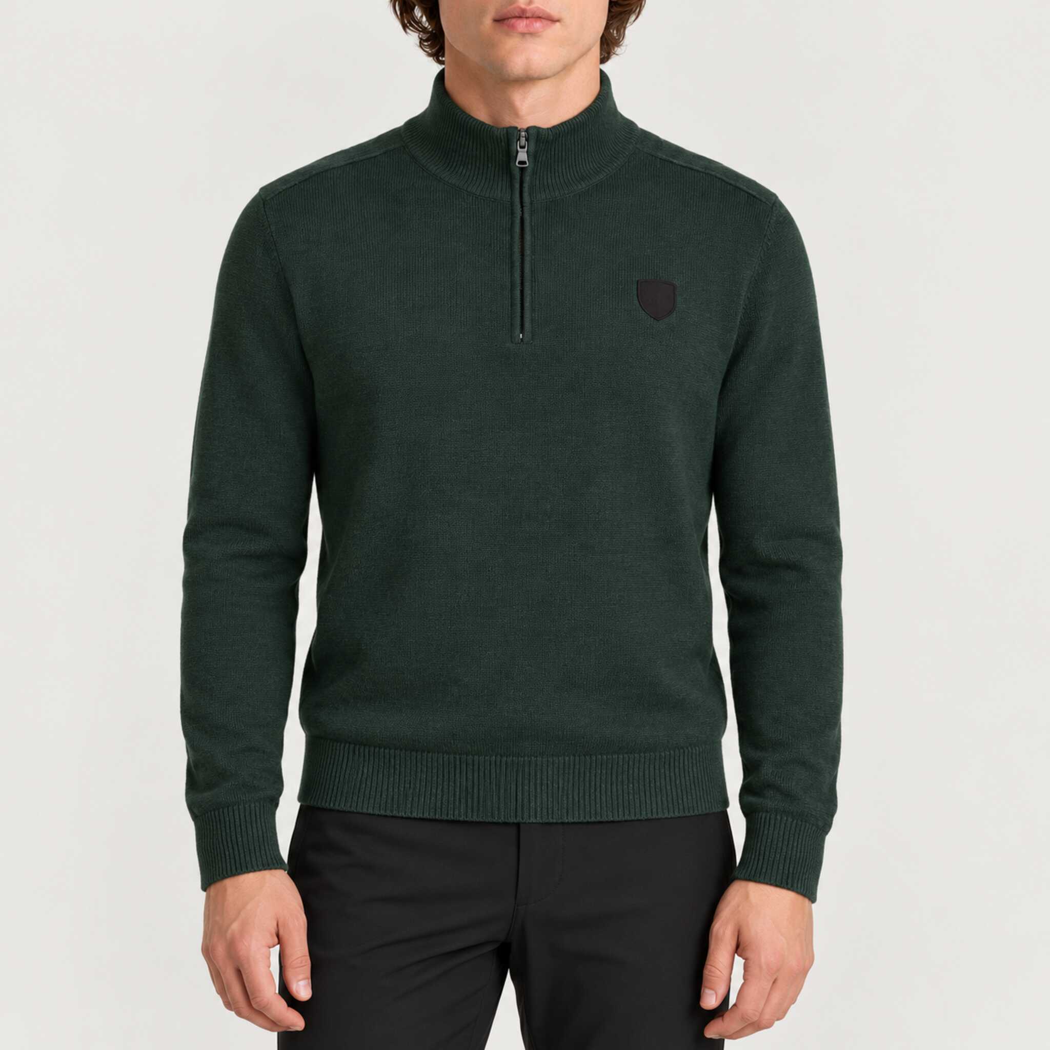 Fera men's Carlos Sweater in Hunter Green, front view on model.
