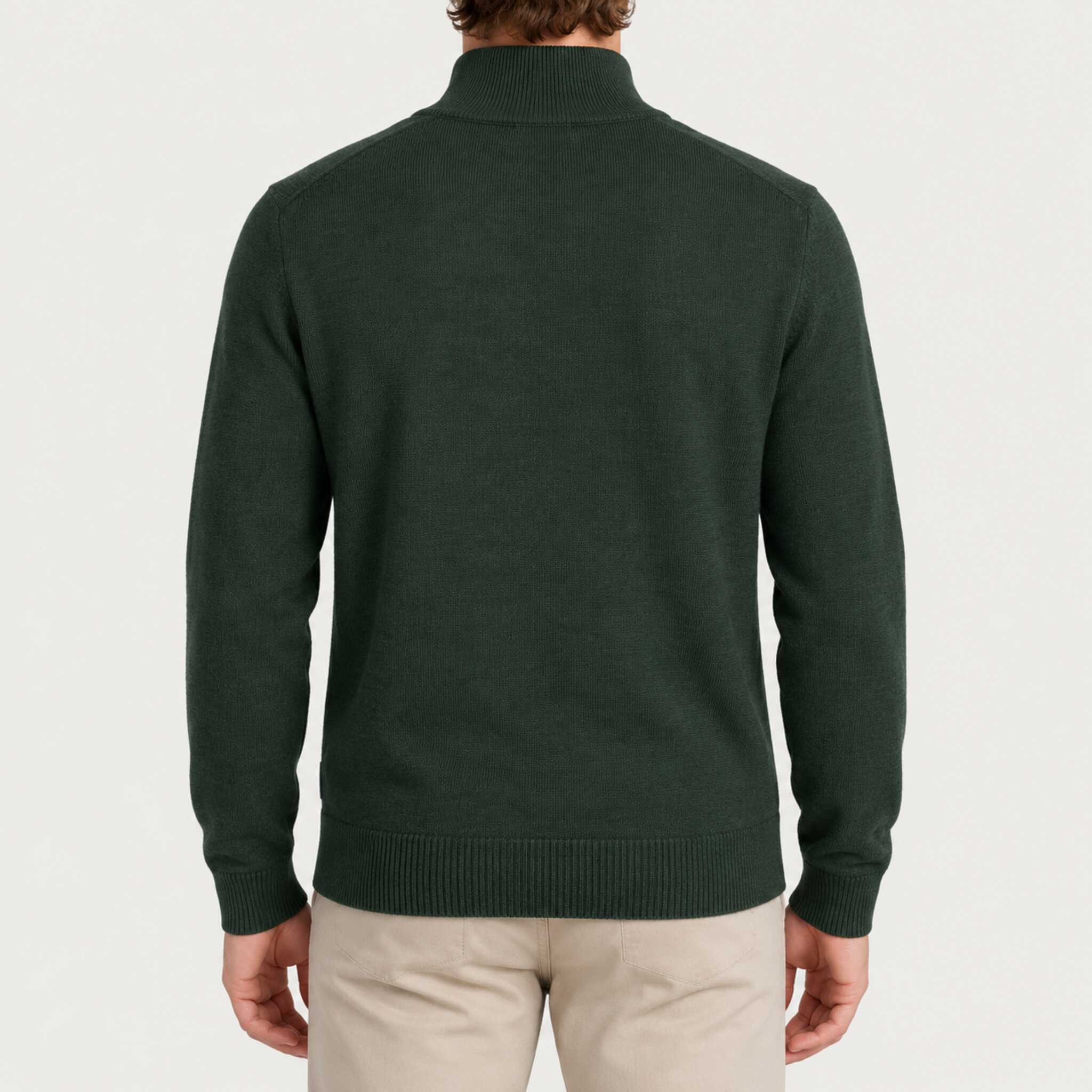 Fera men's Carlos Sweater in Hunter Green, back view on model.