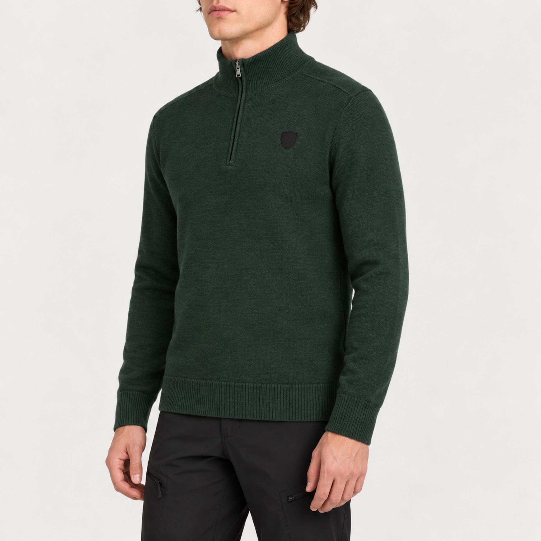 Fera men's Carlos Sweater in Hunter Green, side view on model.