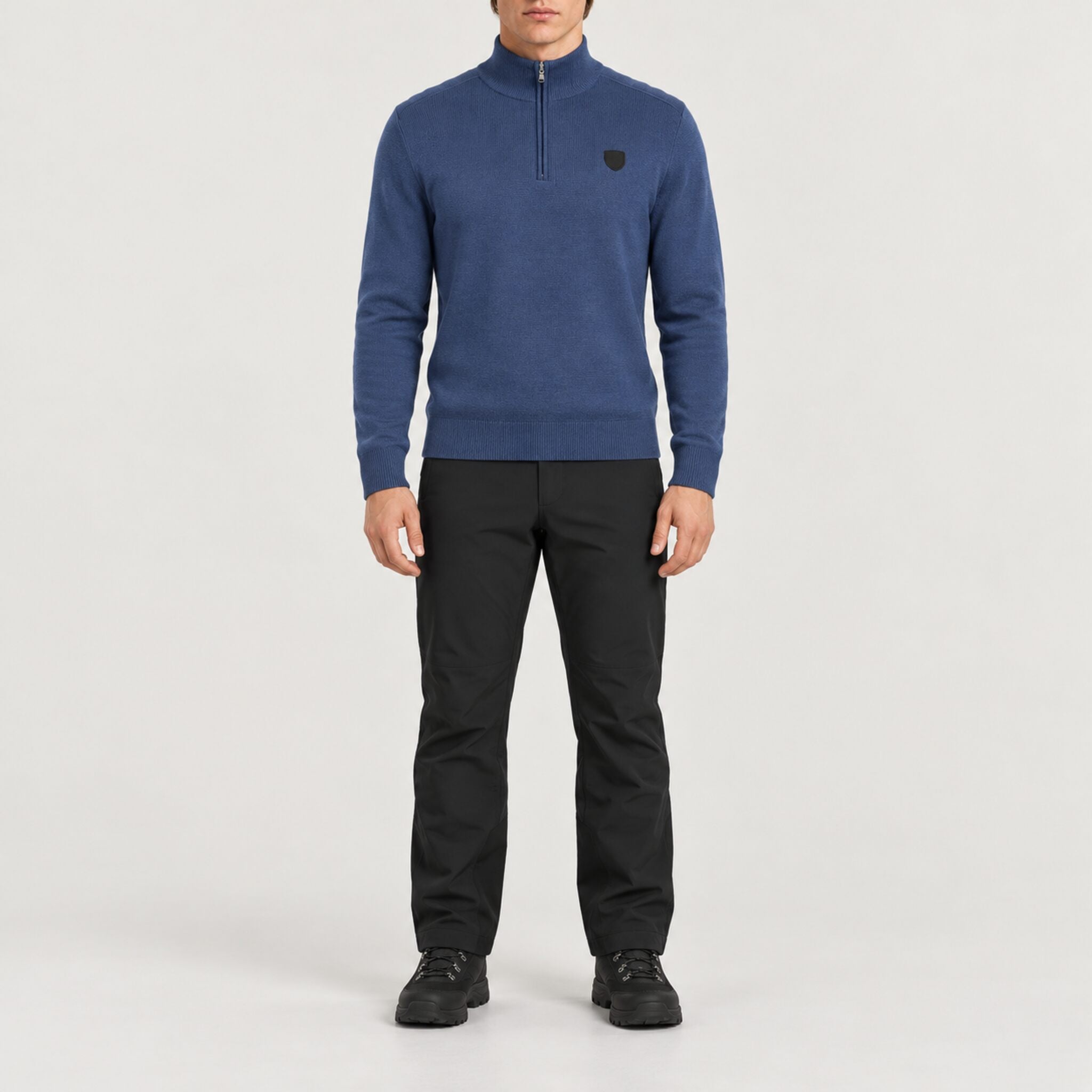 Fera men's Carlos Sweater in Marina Blue, front view on model.