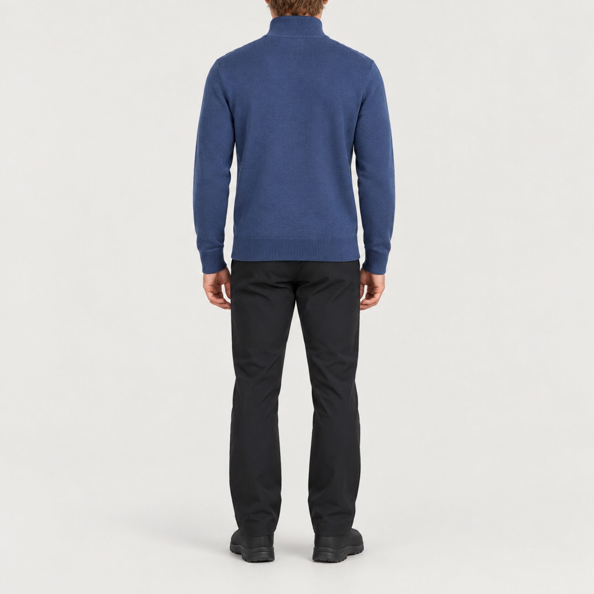 Fera men's Carlos Sweater in Marina Blue, back view on model.