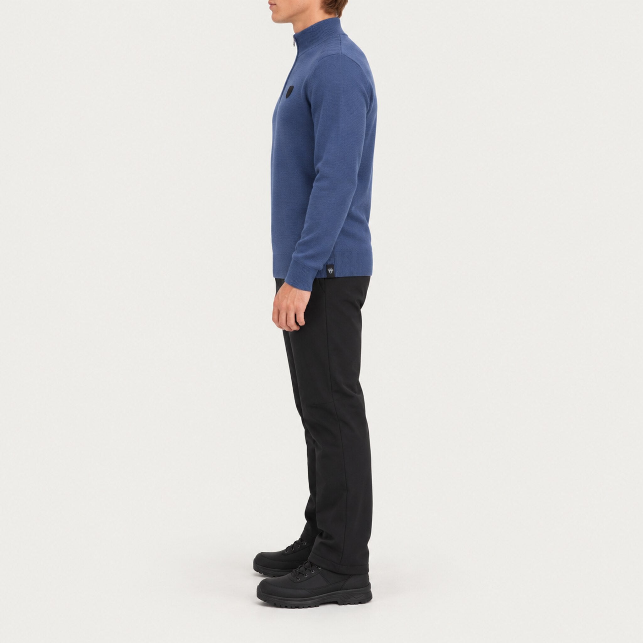 Fera men's Carlos Sweater in Marina Blue, side view on model.