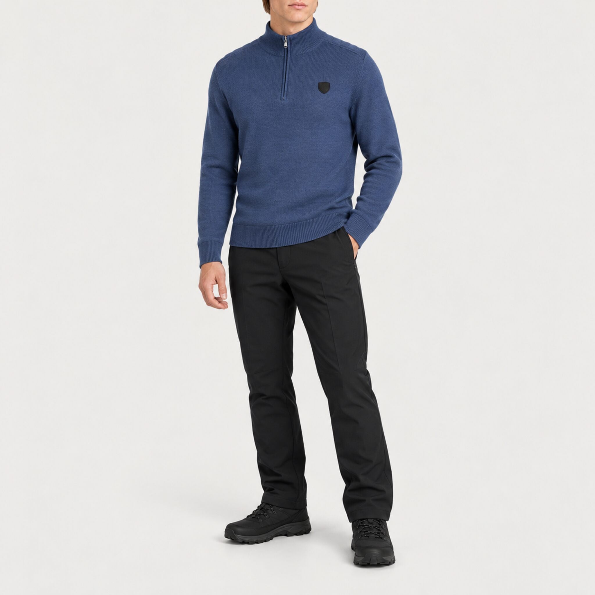Fera men's Carlos Sweater in Marina Blue, full outfit on model.