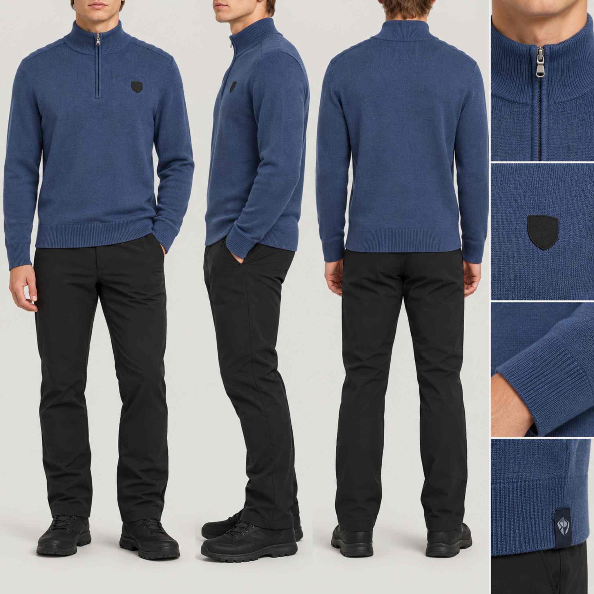 Fera men's Carlos Sweater in Marina Blue, close-up showing fabric and design.