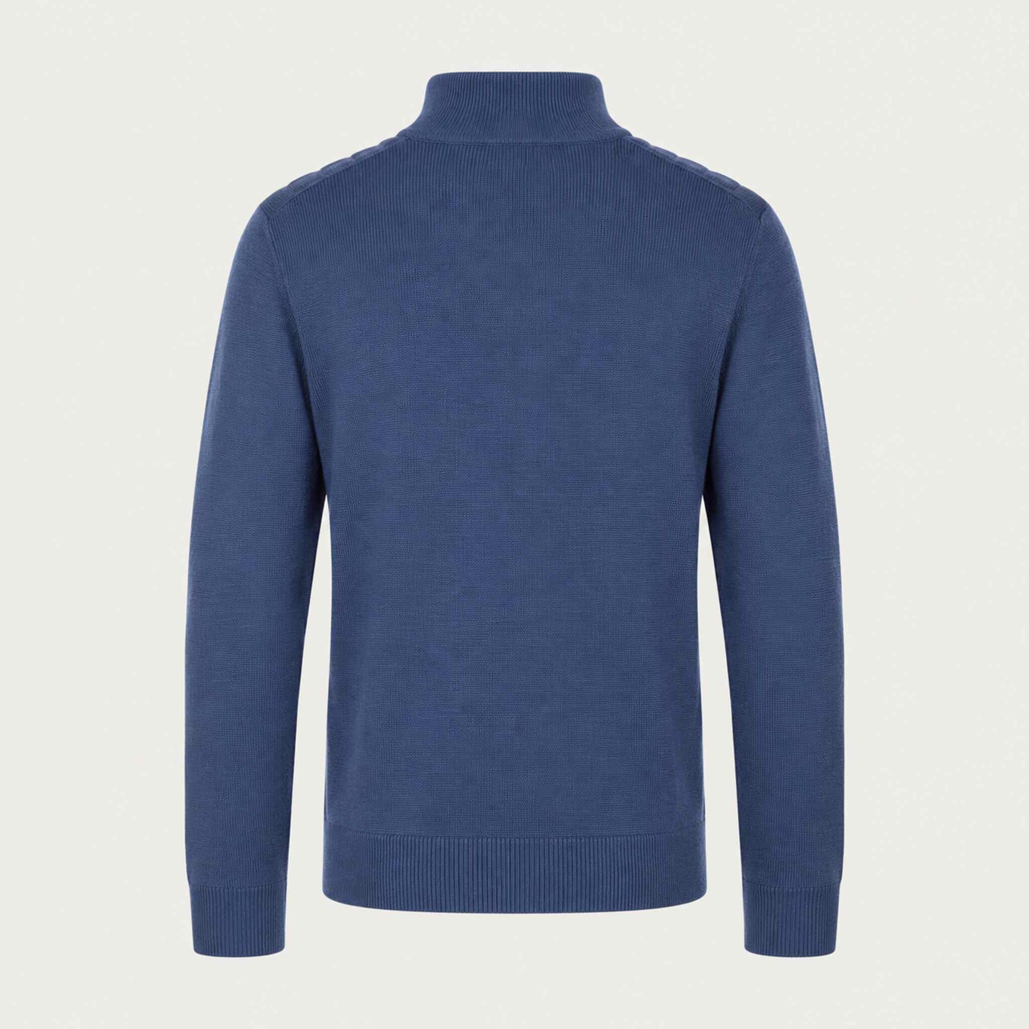 Fera men's Carlos Sweater in Marina Blue, back view.