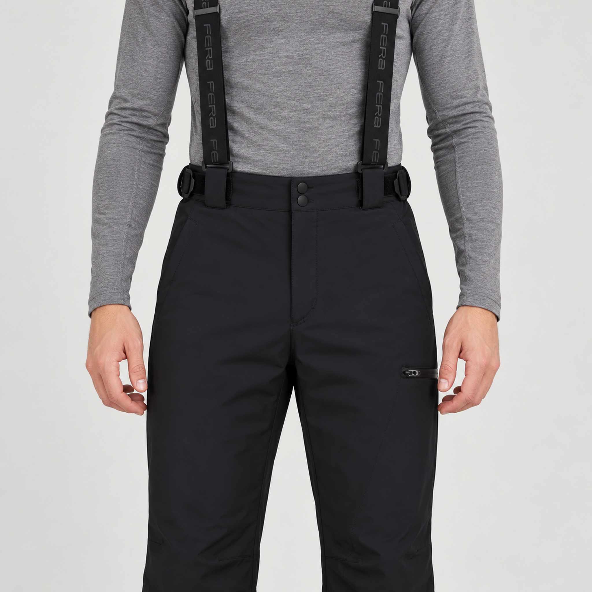 Fera men's Selkirk Pant in Black, waistband and suspender detail on model.