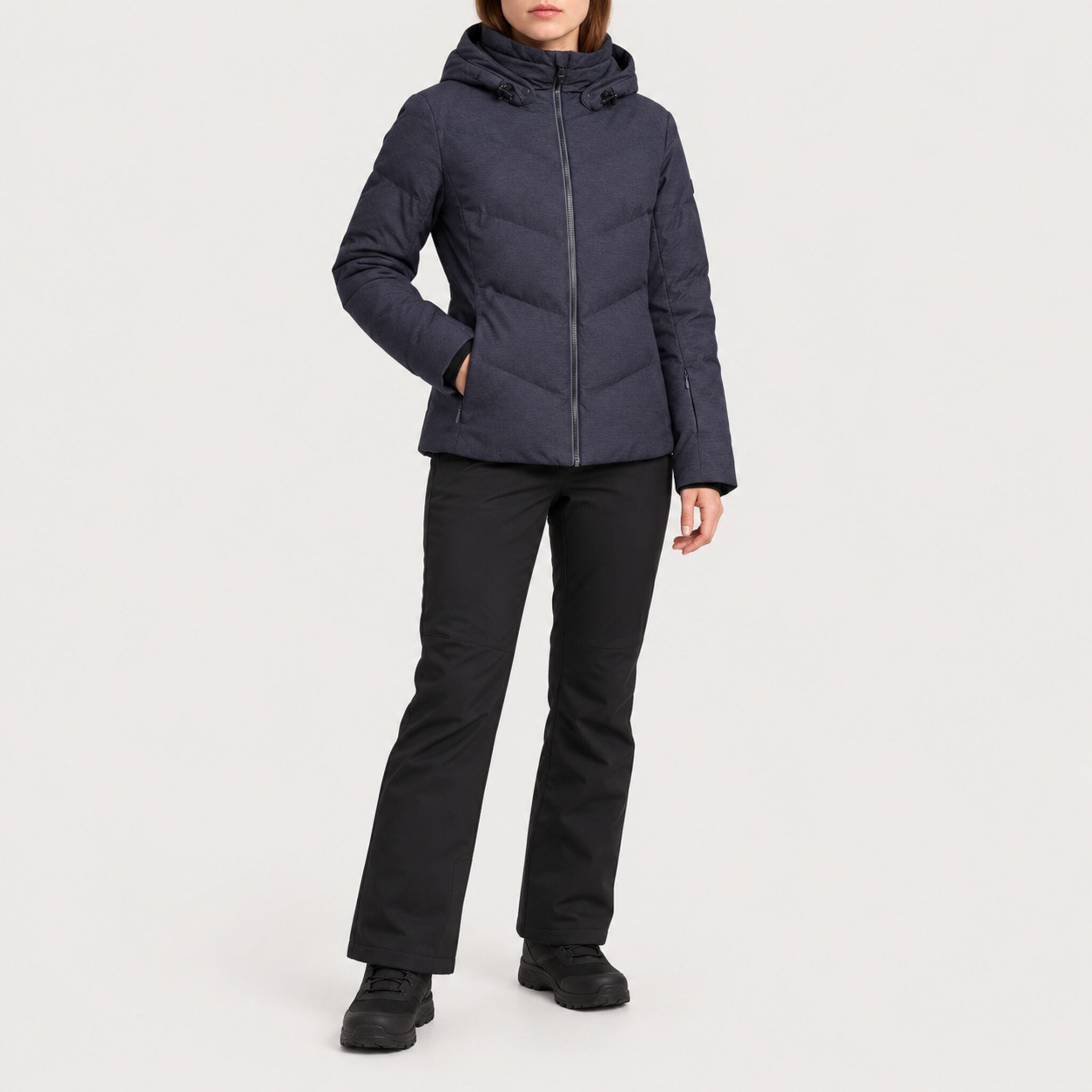Fera women's Amy Ski Jacket in Indigo, full outfit on model.