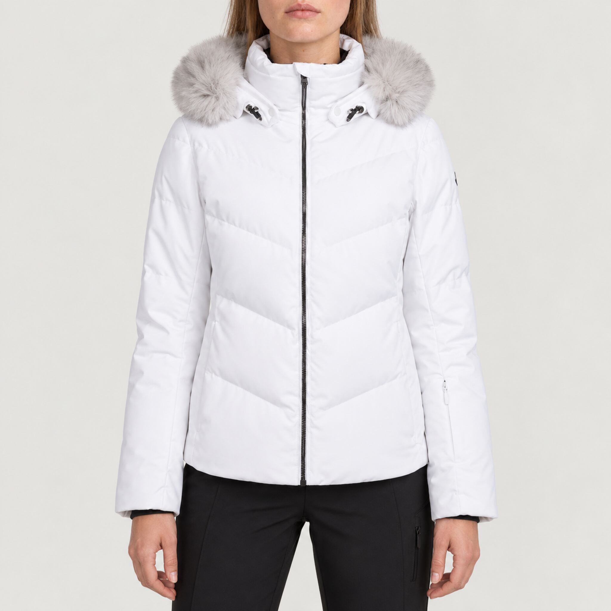 Fera women's Amy Ski Jacket in White, front view on model.