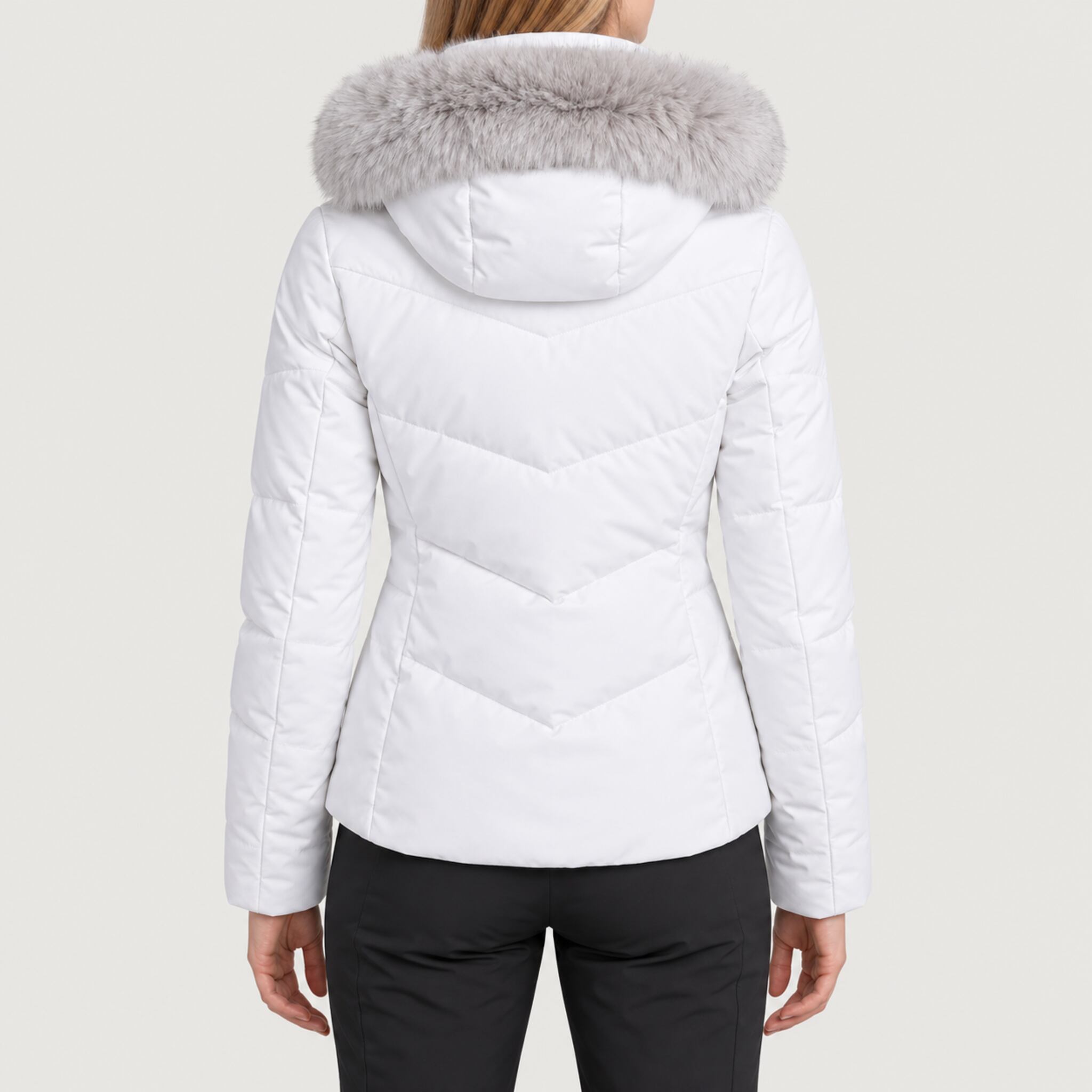 Fera women's Amy Ski Jacket in White, back view on model.