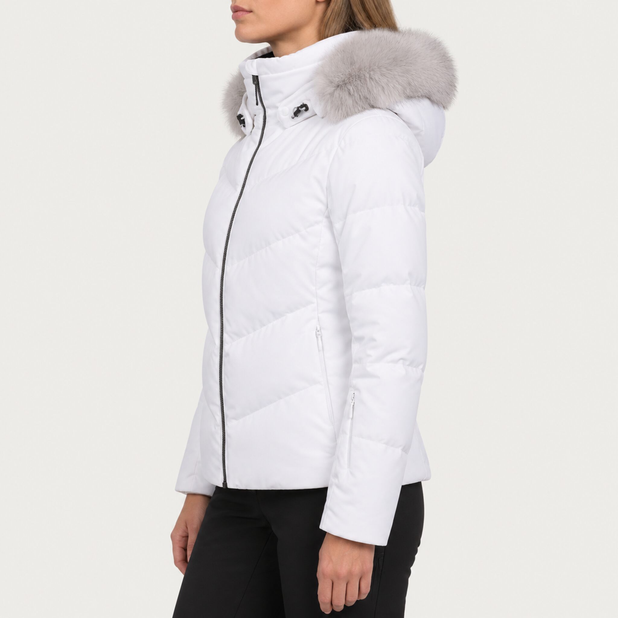 Fera women's Amy Ski Jacket in White, side view on model.