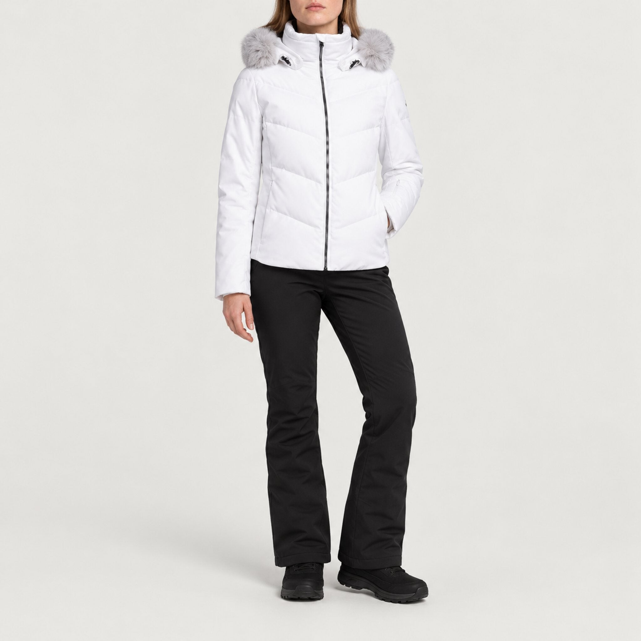 Fera women's Amy Ski Jacket in White, full outfit on model.
