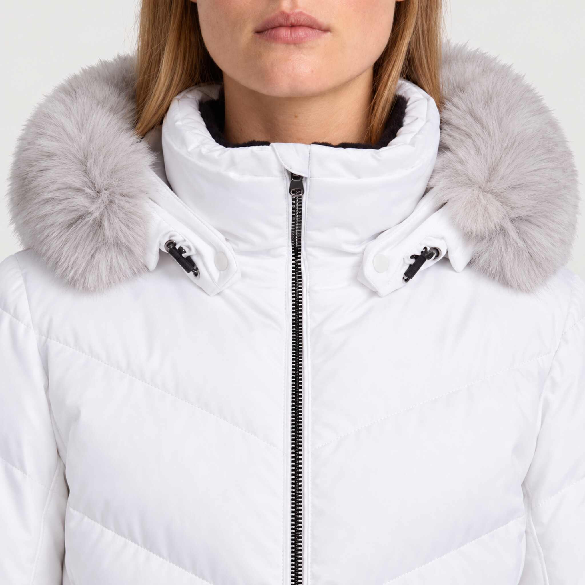 Fera women's Amy Ski Jacket in White, close-up showing fabric and design.