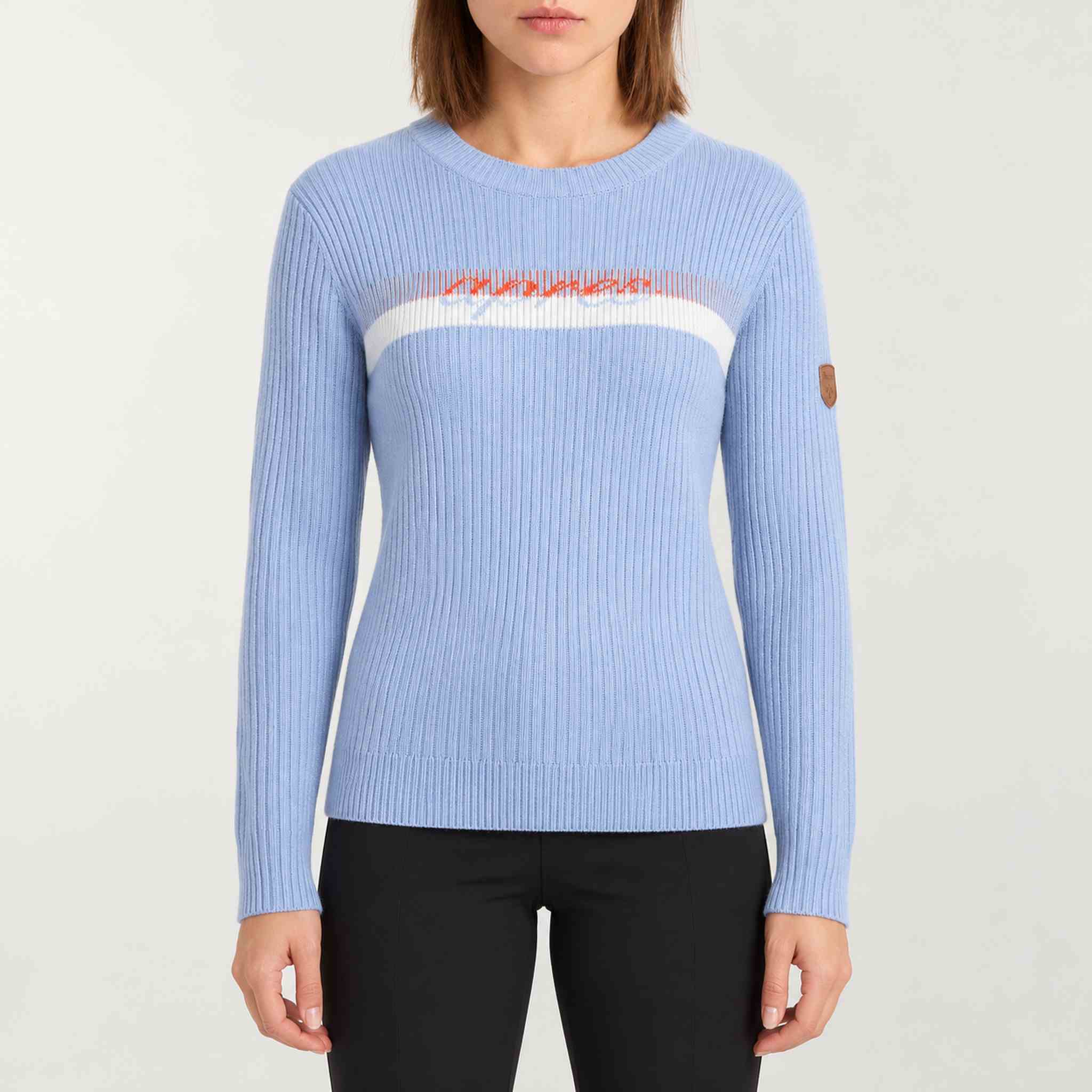 Fera women's Apres Sweater in Sky Blue, front on model.