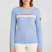 Fera women's Apres Sweater in Sky Blue, rib knit and chest detail on model.