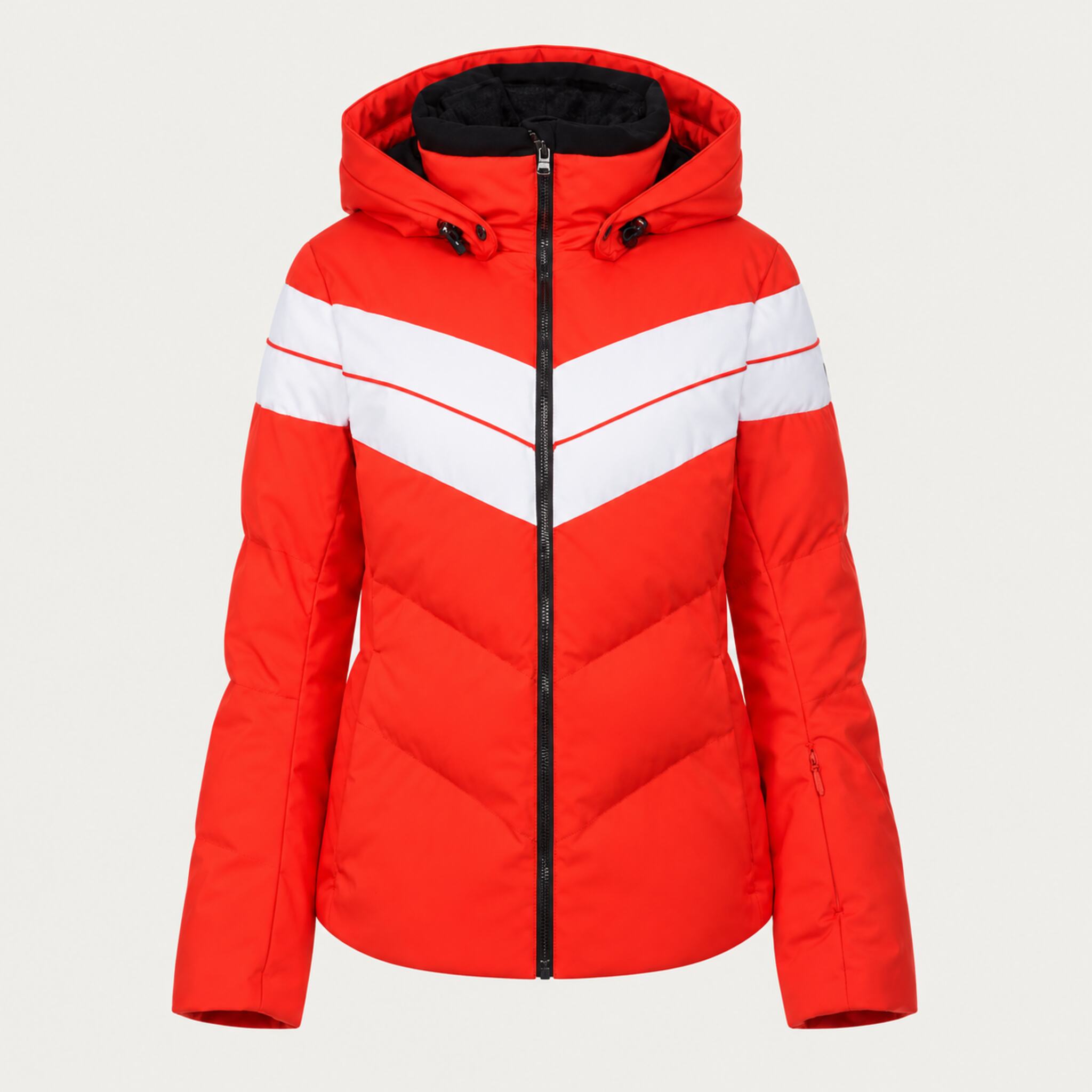 Fera women's Ariel Ski Jacket in Flame Red/White, front view.