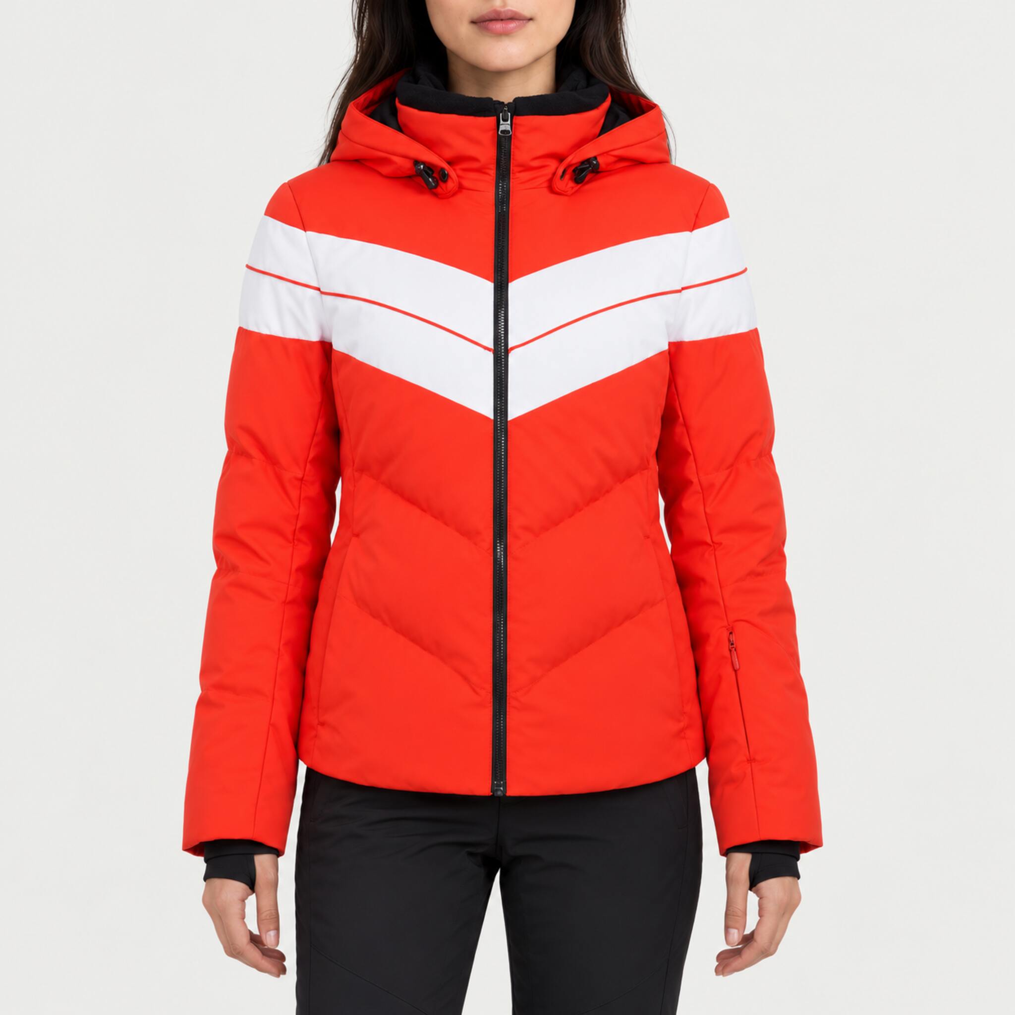 Fera women's Ariel Ski Jacket in Flame Red/White, front view on model.