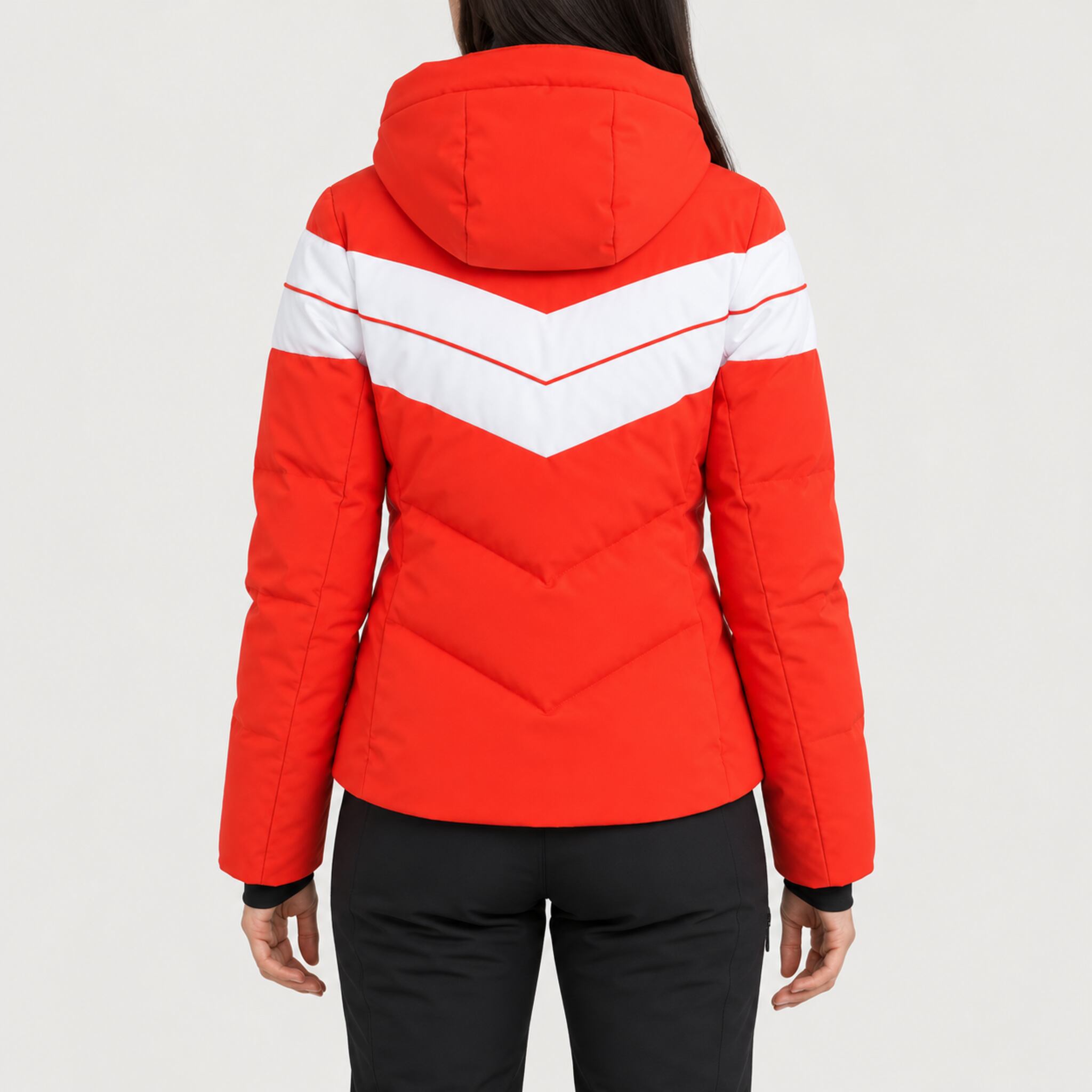 Fera women's Ariel Ski Jacket in Flame Red/White, back view on model.