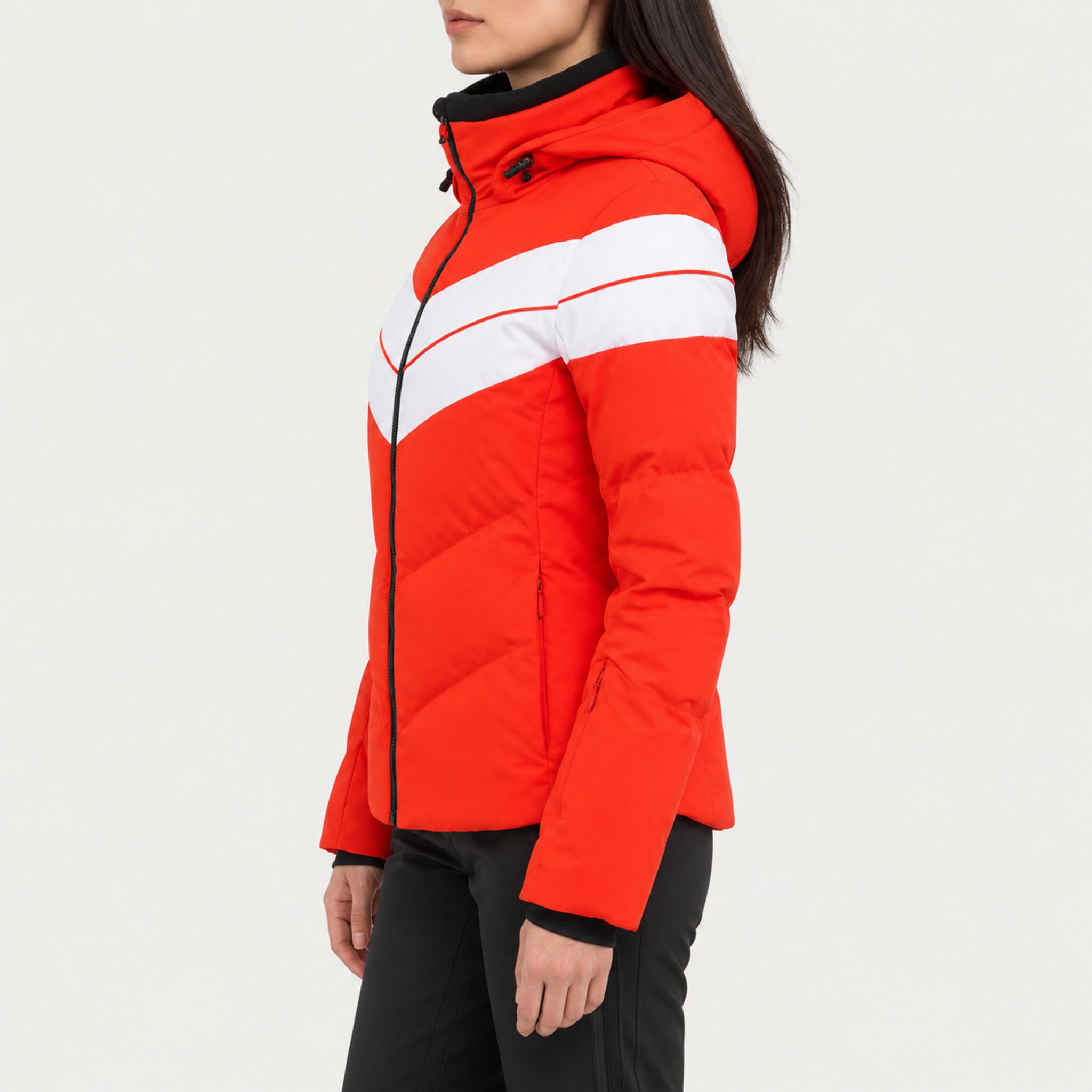 Fera women's Ariel Ski Jacket in Flame Red/White, side view on model.