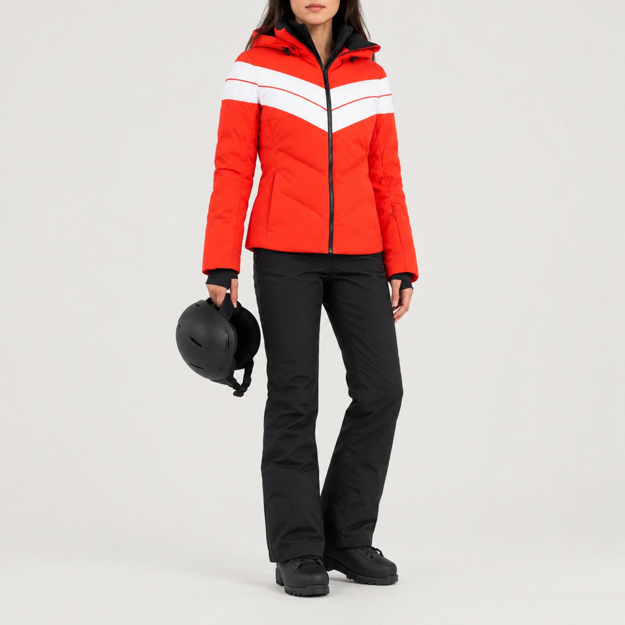 Fera women's Ariel Ski Jacket in Flame Red/White, full outfit on model.